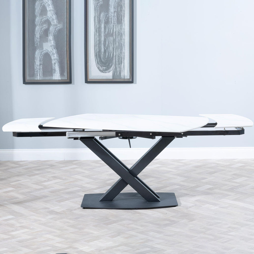 Atlanta White Sintered Stone Extending Dining Table with Black Cross Base - 140cm-200cm