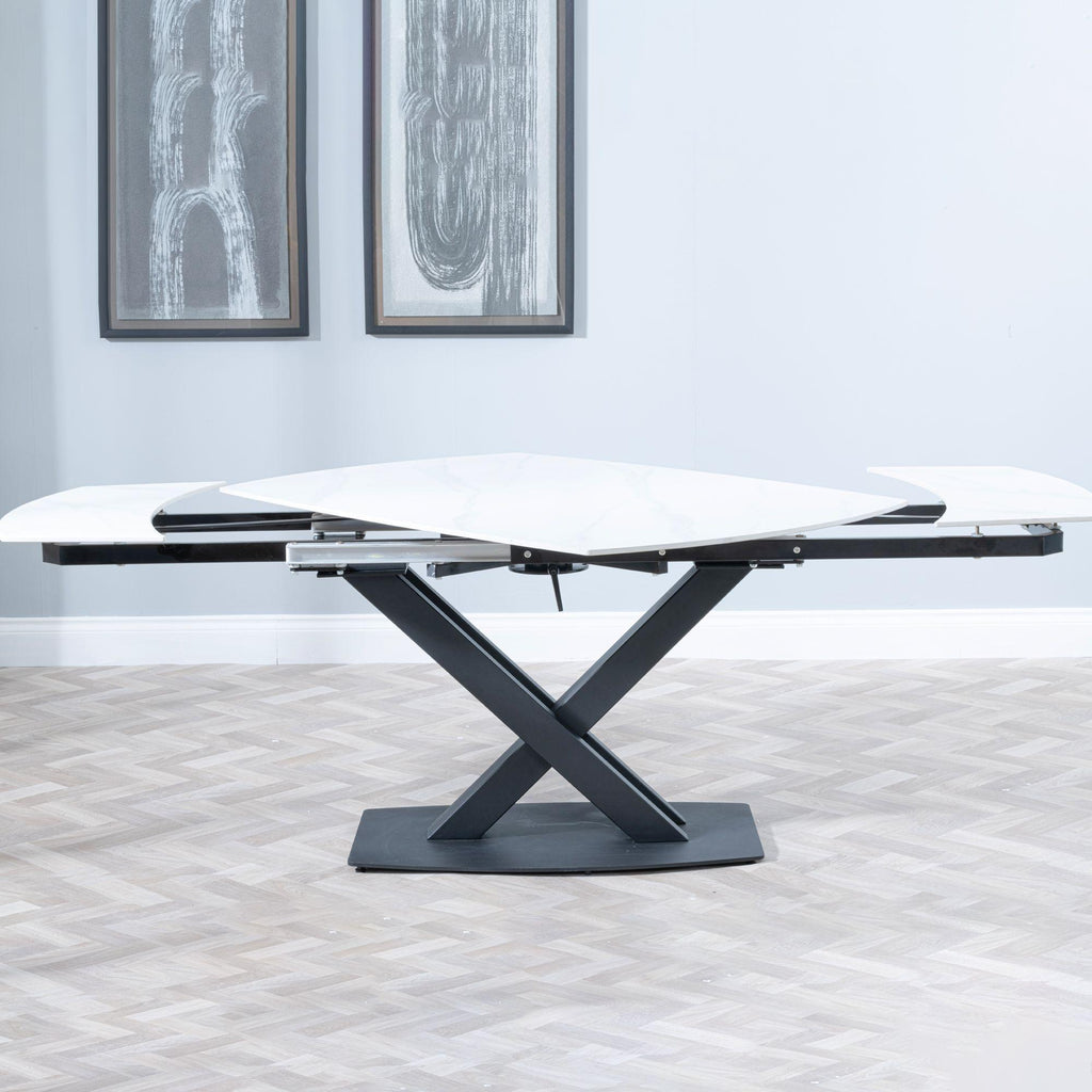 Atlanta White Sintered Stone Extending Dining Table with Black Cross Base - 140cm-200cm