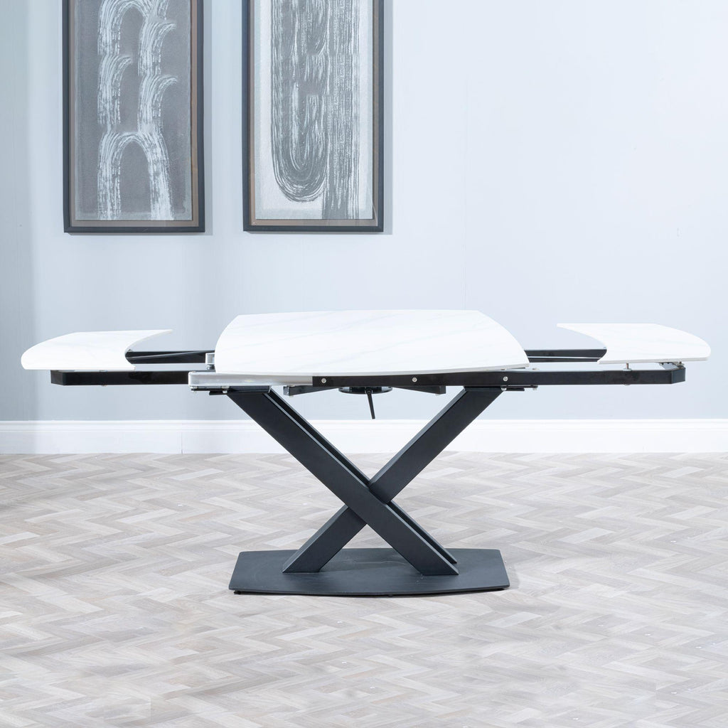 Atlanta White Sintered Stone Extending Dining Table with Black Cross Base - 140cm-200cm