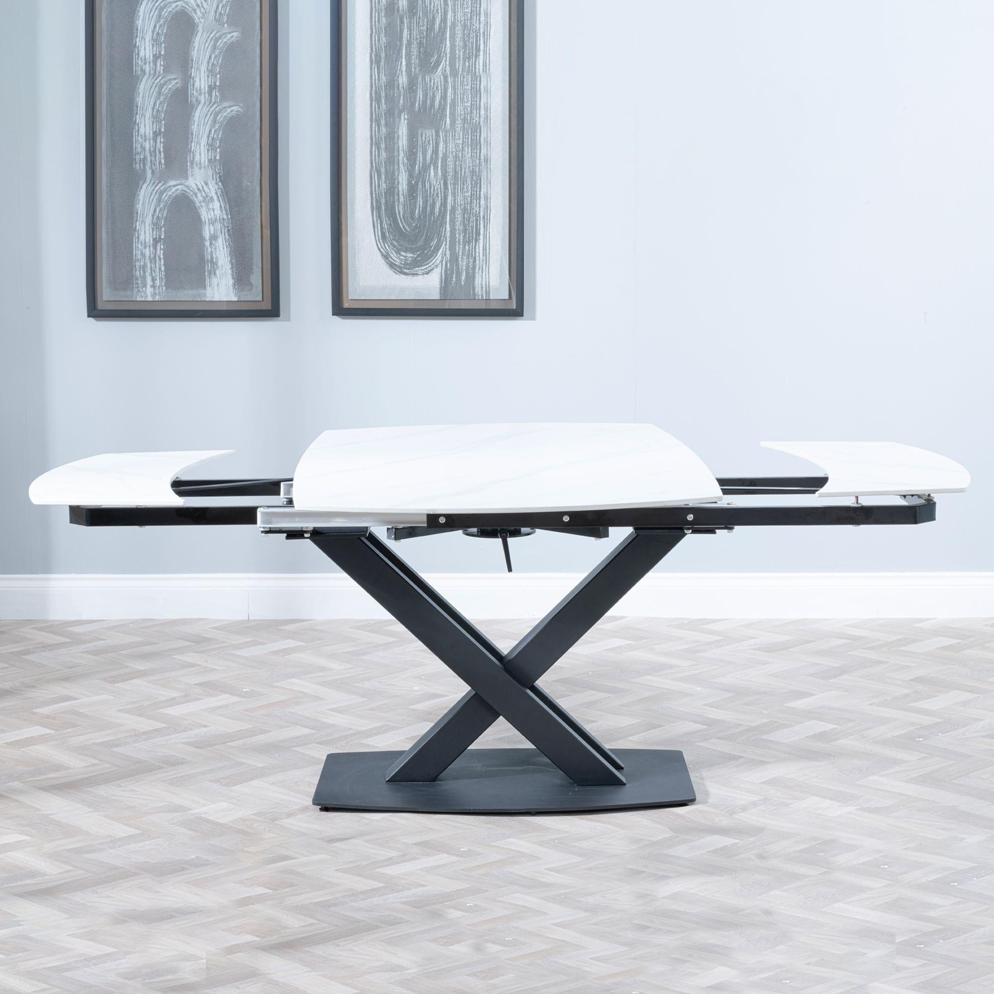 Atlanta White Sintered Stone Extending Dining Table with Black Cross Base - 140cm-200cm