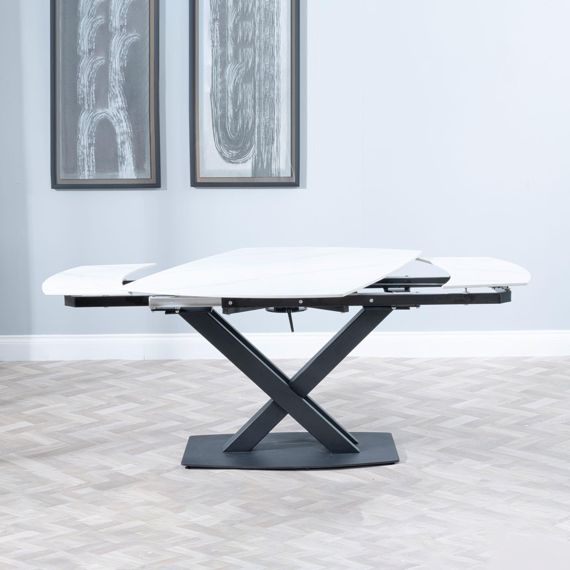Atlanta White Sintered Stone Extending Dining Table with Black Cross Base - 140cm-200cm