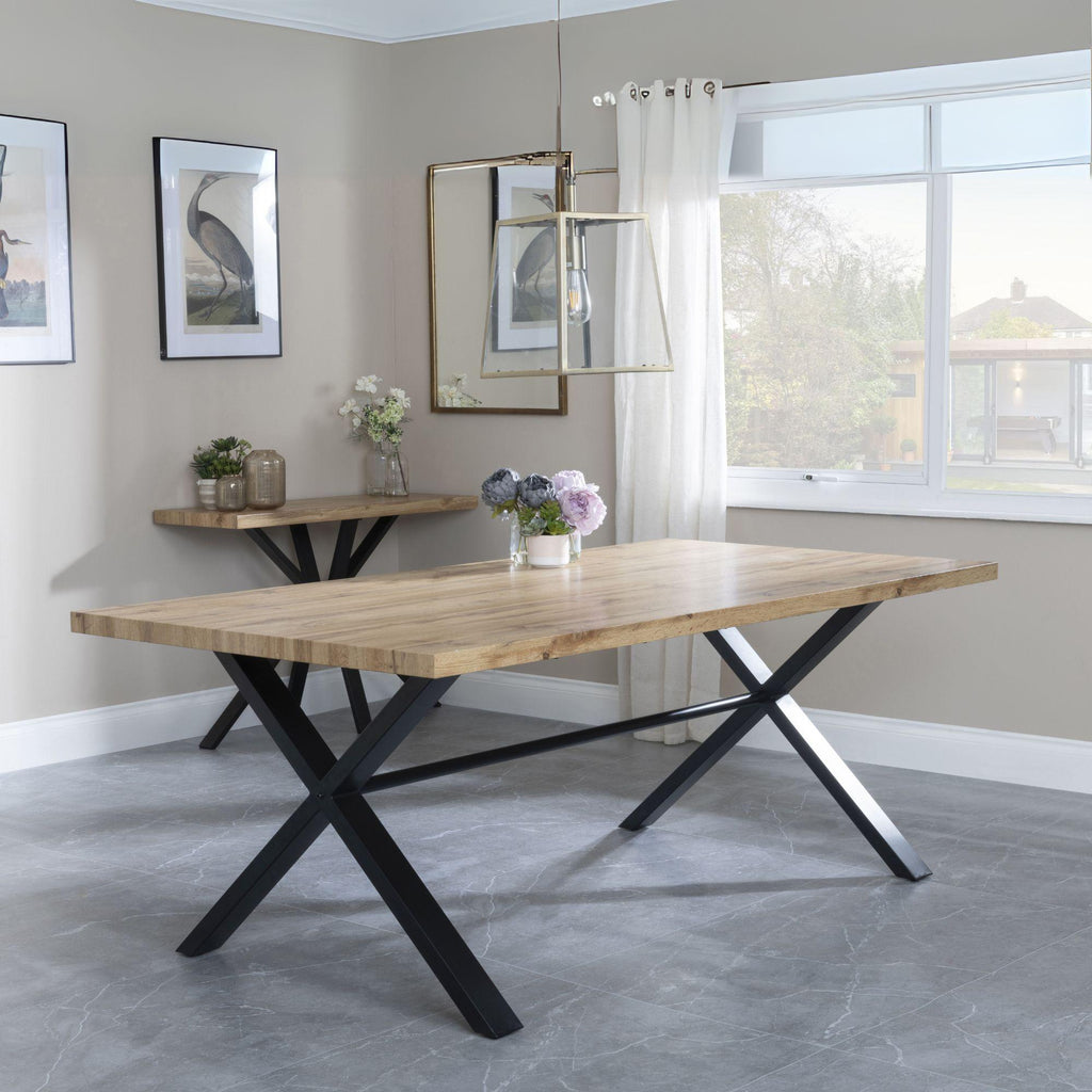 Cadell Industrial Oak Effect 8 Seater Dining Table with Black Cross Legs