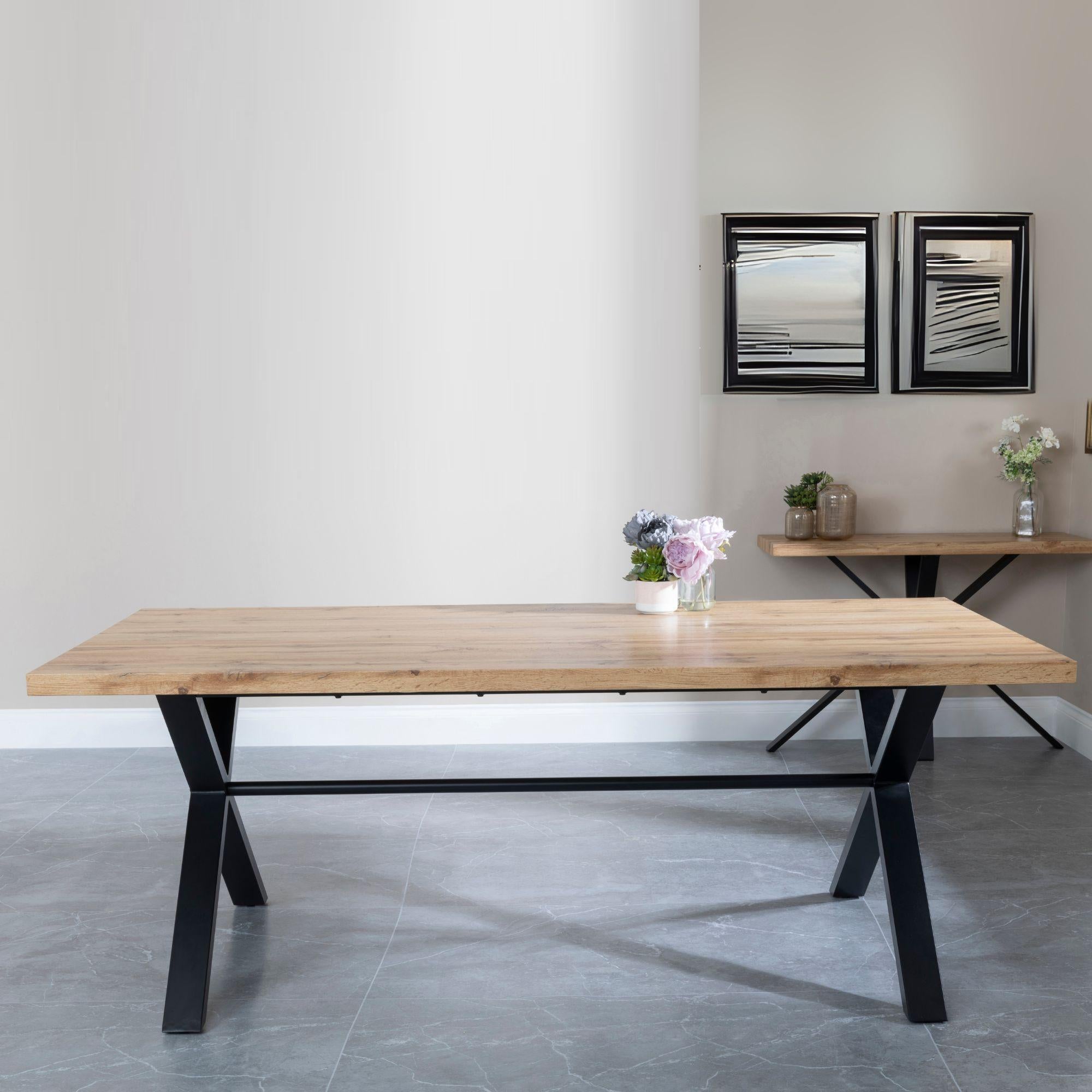 Cadell Industrial Oak Effect 8 Seater Dining Table with Black Cross Legs