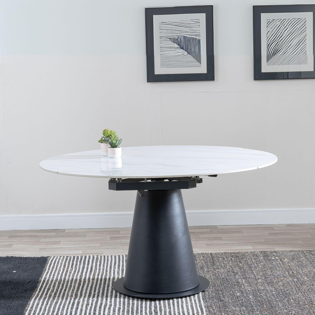 Clara 135cm White Sintered Stone Round Dining Table with Black Pedestal Base