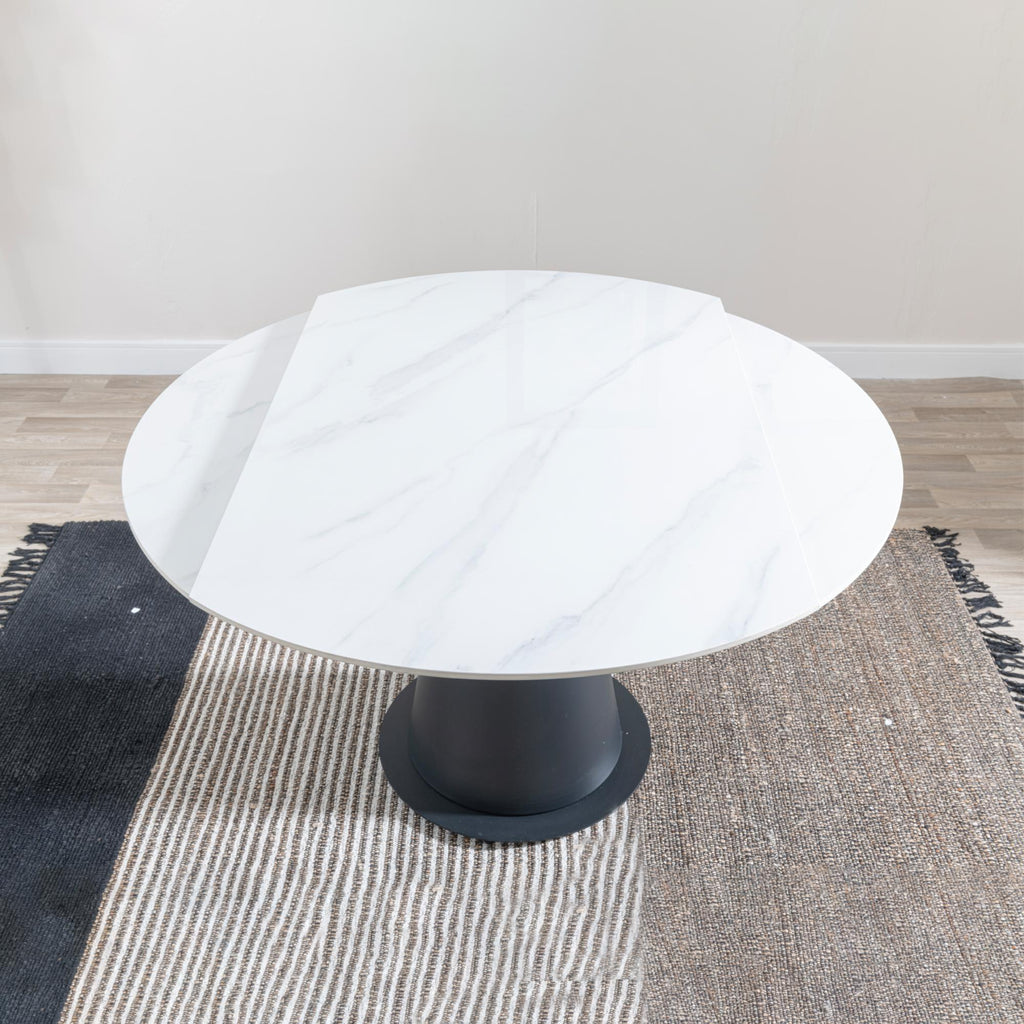 Clara 135cm White Sintered Stone Round Dining Table with Black Pedestal Base