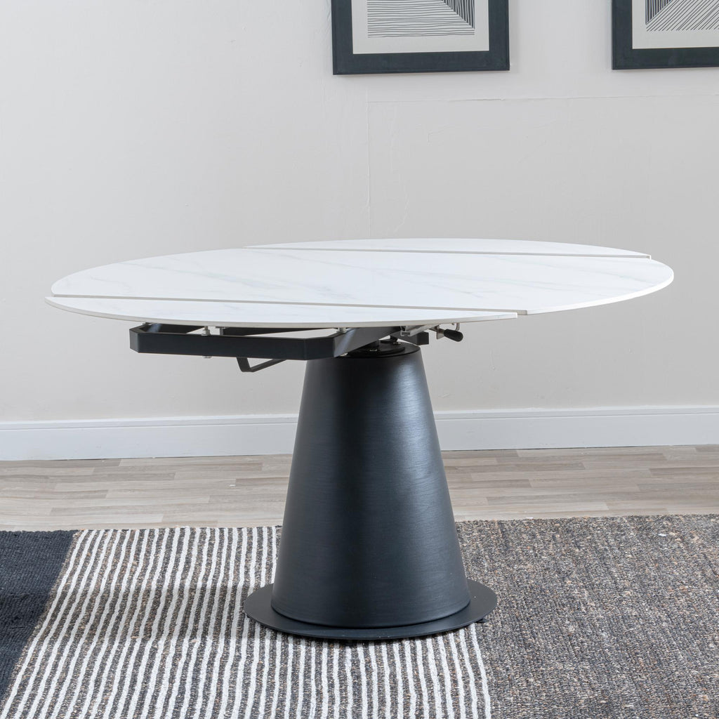 Clara 135cm White Sintered Stone Round Dining Table with Black Pedestal Base
