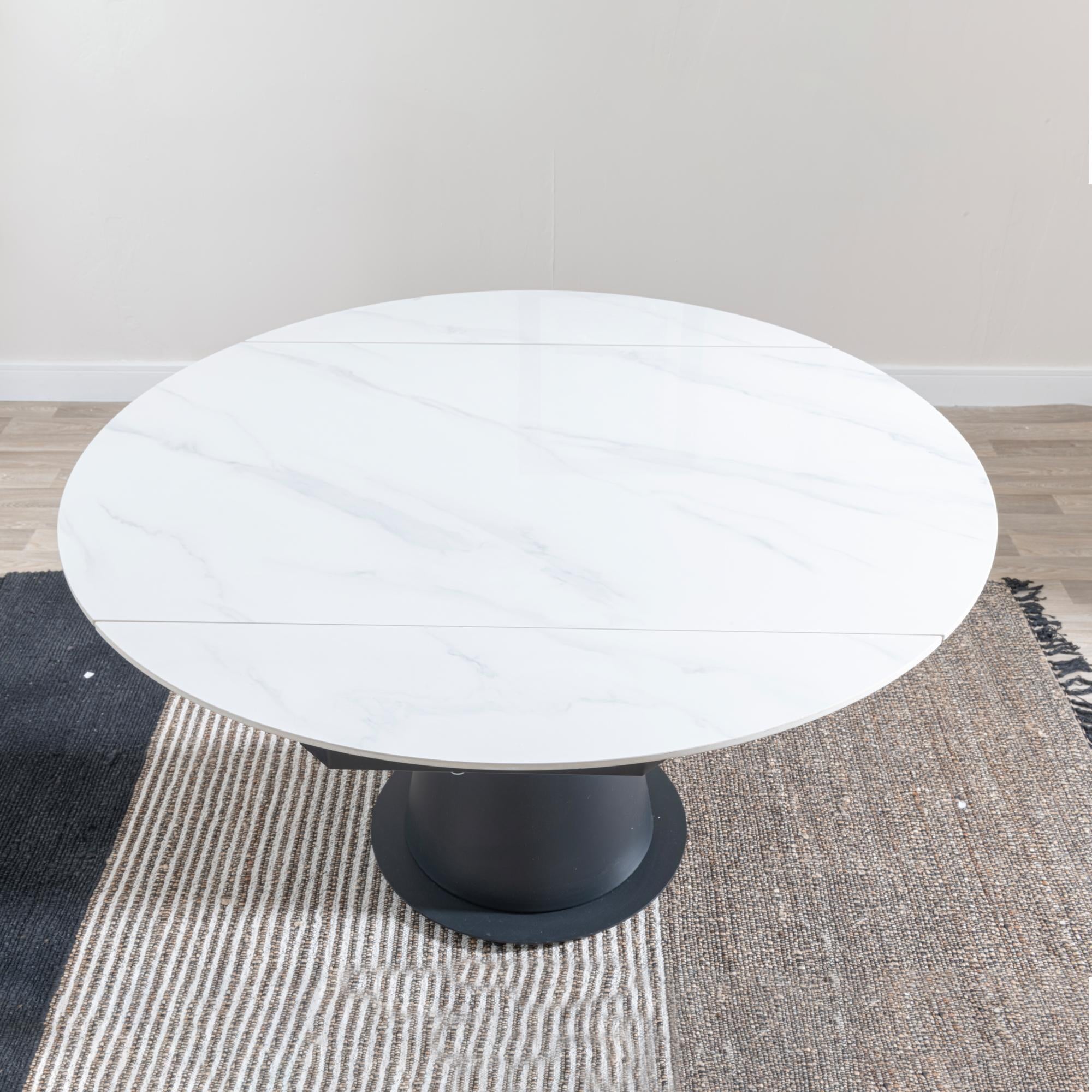 Clara 135cm White Sintered Stone Round Dining Table with Black Pedestal Base