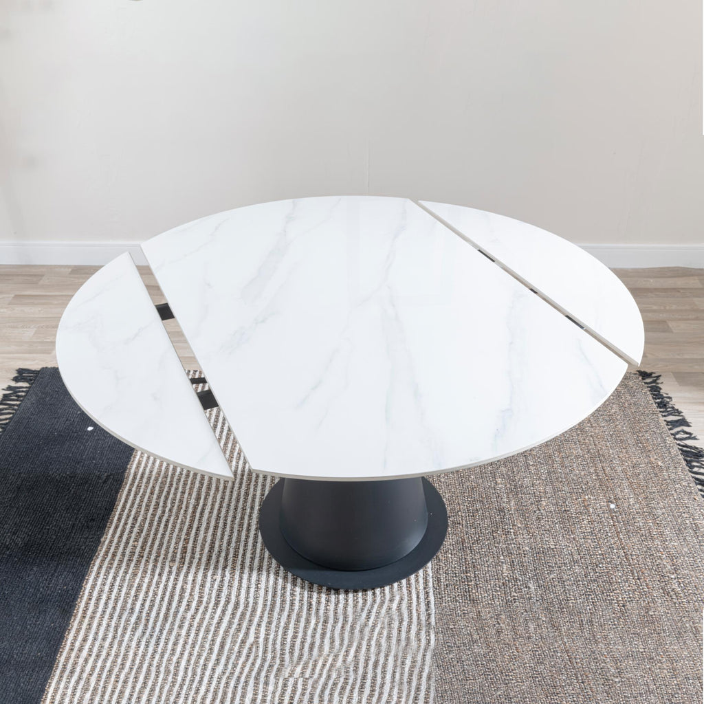 Clara 135cm White Sintered Stone Round Dining Table with Black Pedestal Base