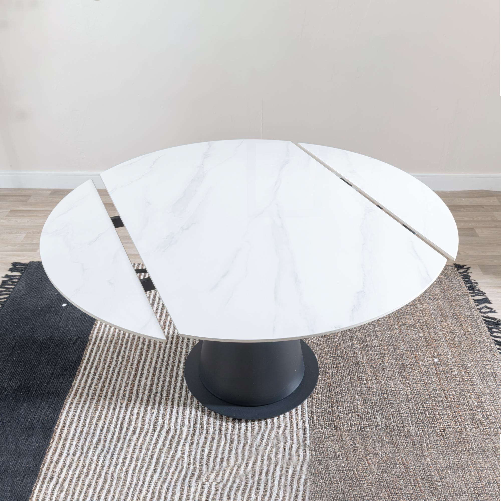 Clara 135cm White Sintered Stone Round Dining Table with Black Pedestal Base