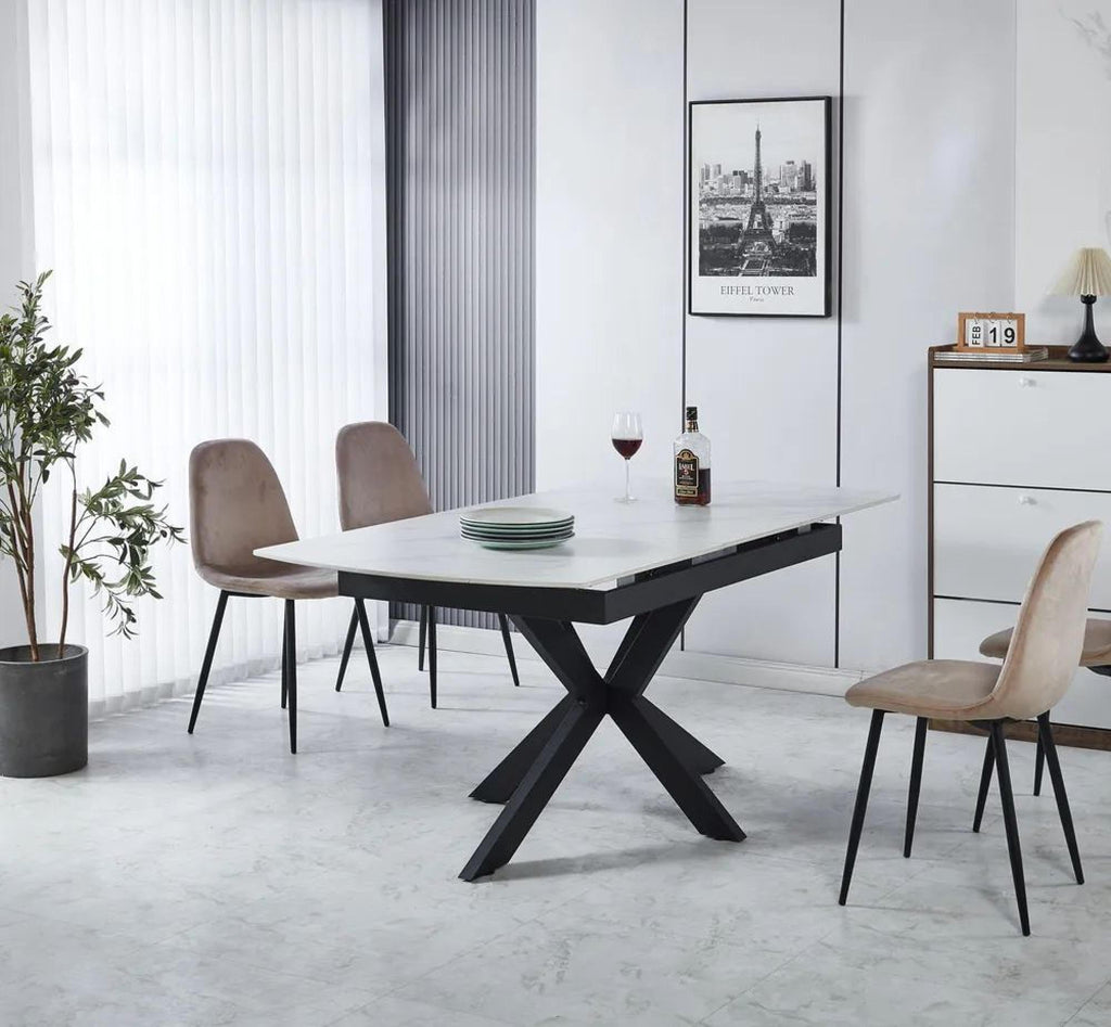 Eva White Sintered Stone Extending Dining Table with Black Star Base