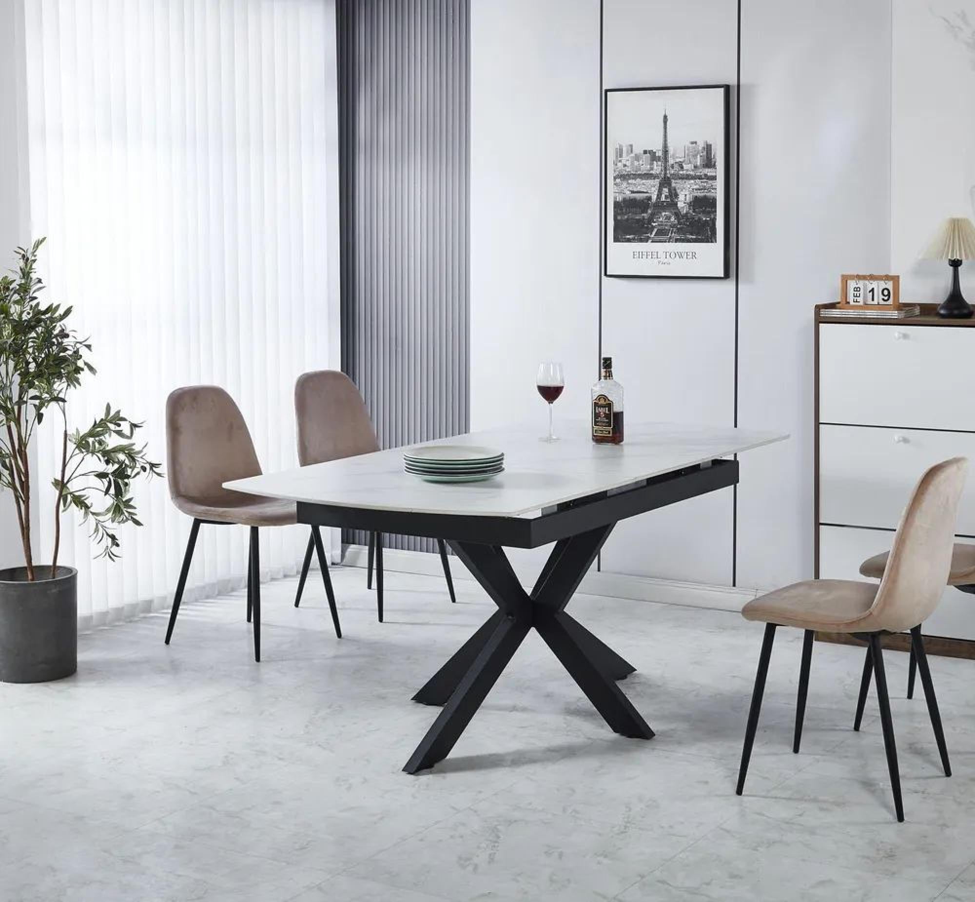 Eva White Sintered Stone Extending Dining Table with Black Star Base
