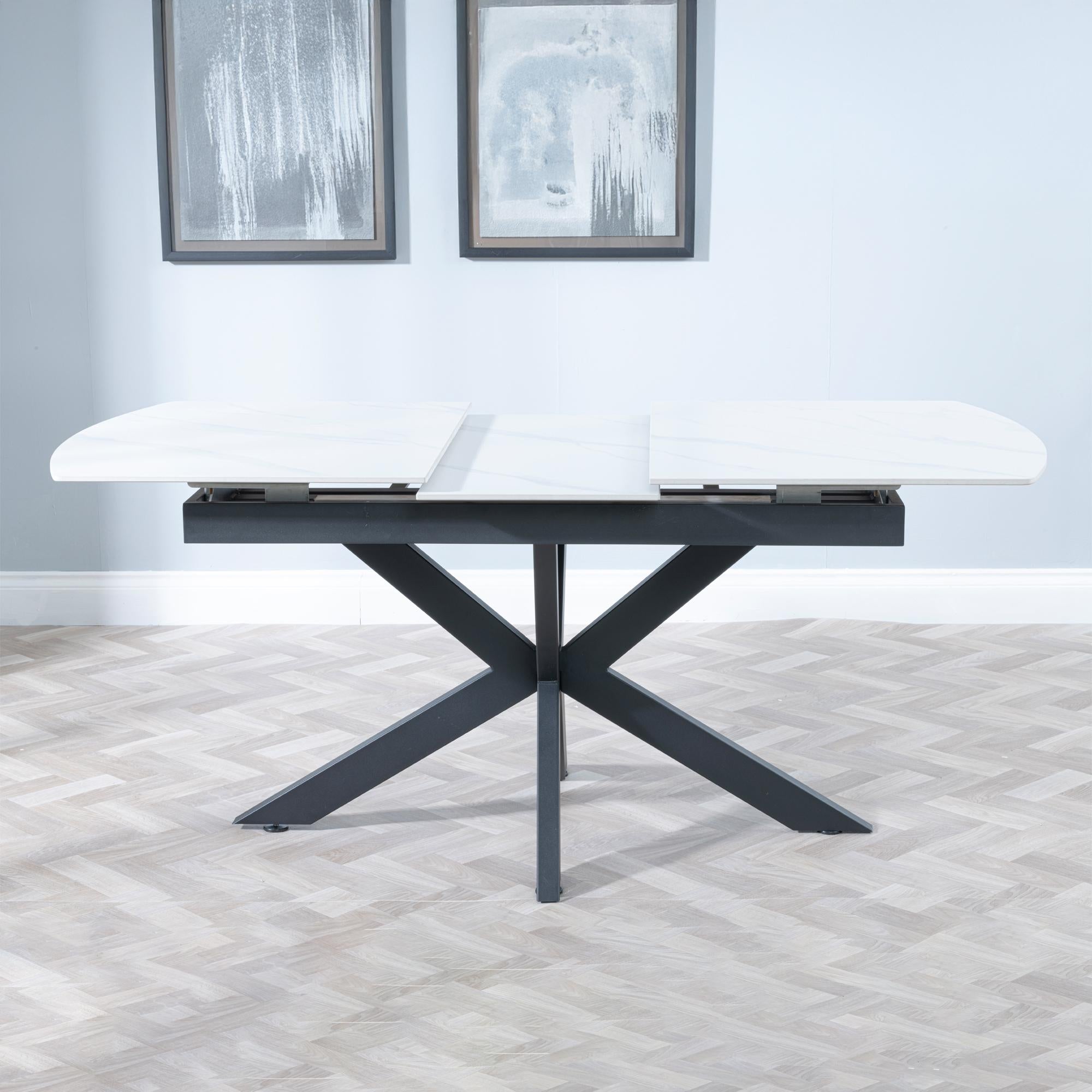 Eva White Sintered Stone Extending Dining Table with Black Star Base