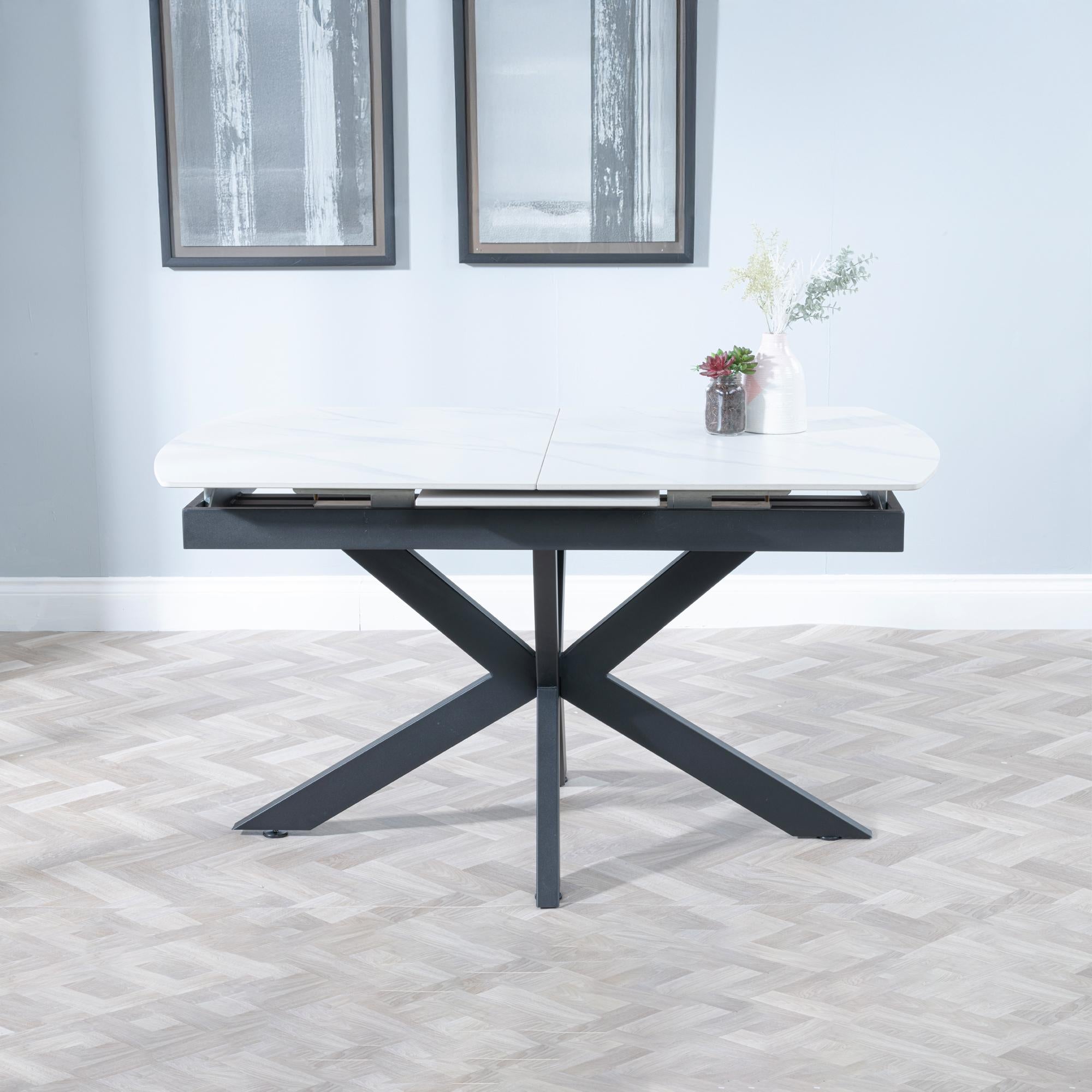 Eva White Sintered Stone Extending Dining Table with Black Star Base