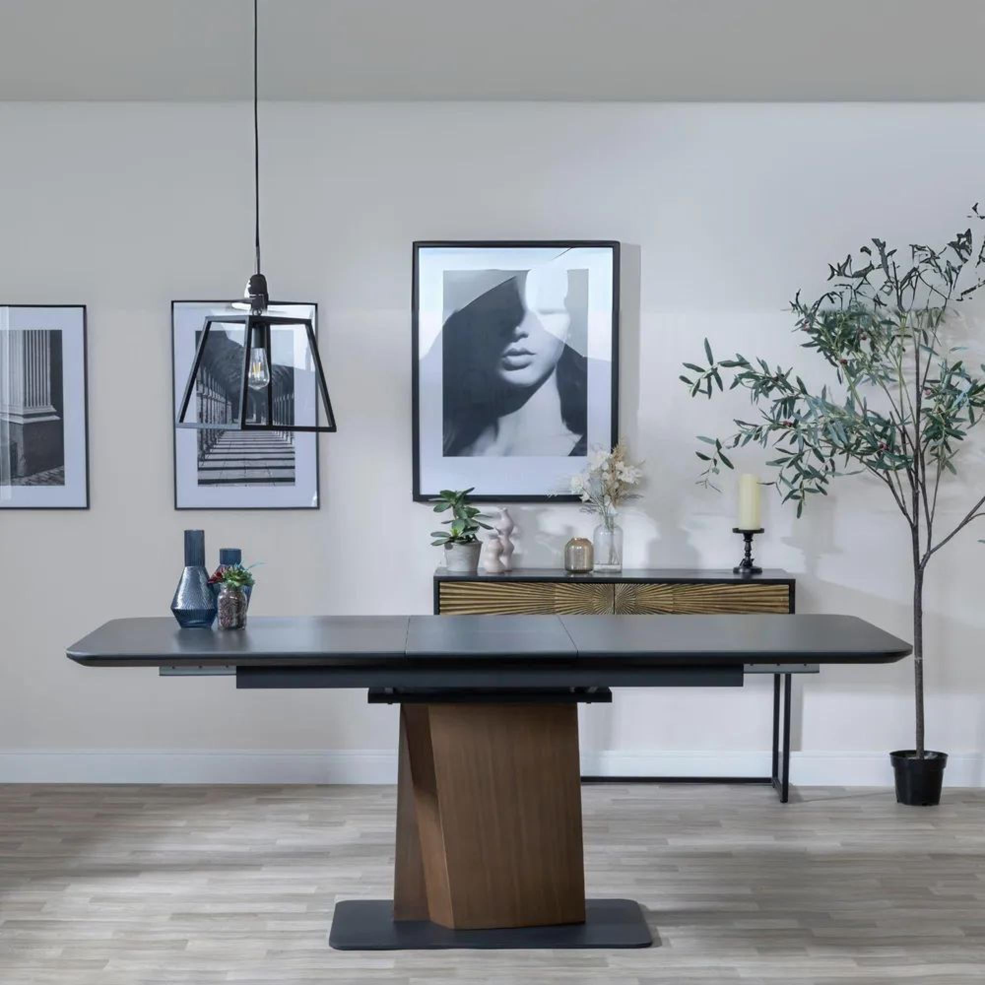 Gino Black Ceramic Extending Dining Table With Bronze Pedestal Base