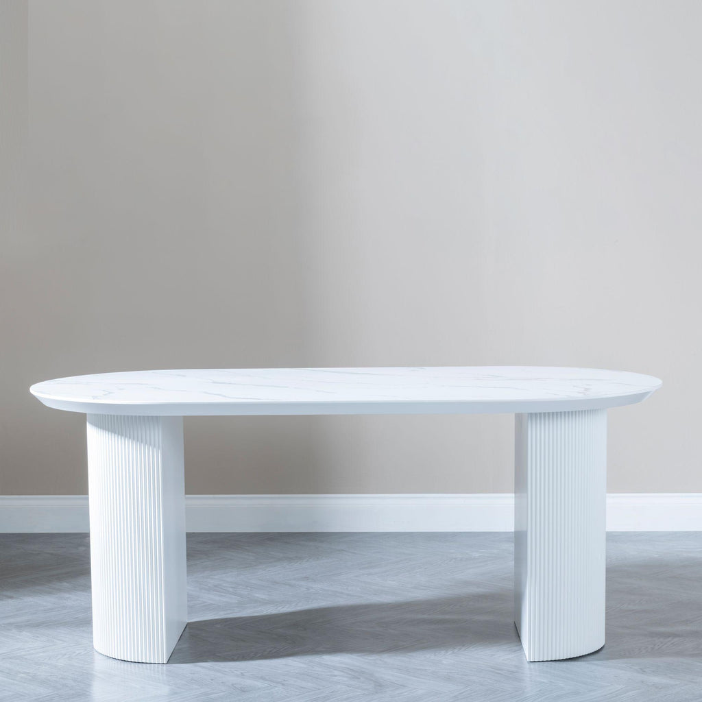 Mondrian 6 Seater White Melamine Top Oval Fluted Dining Table