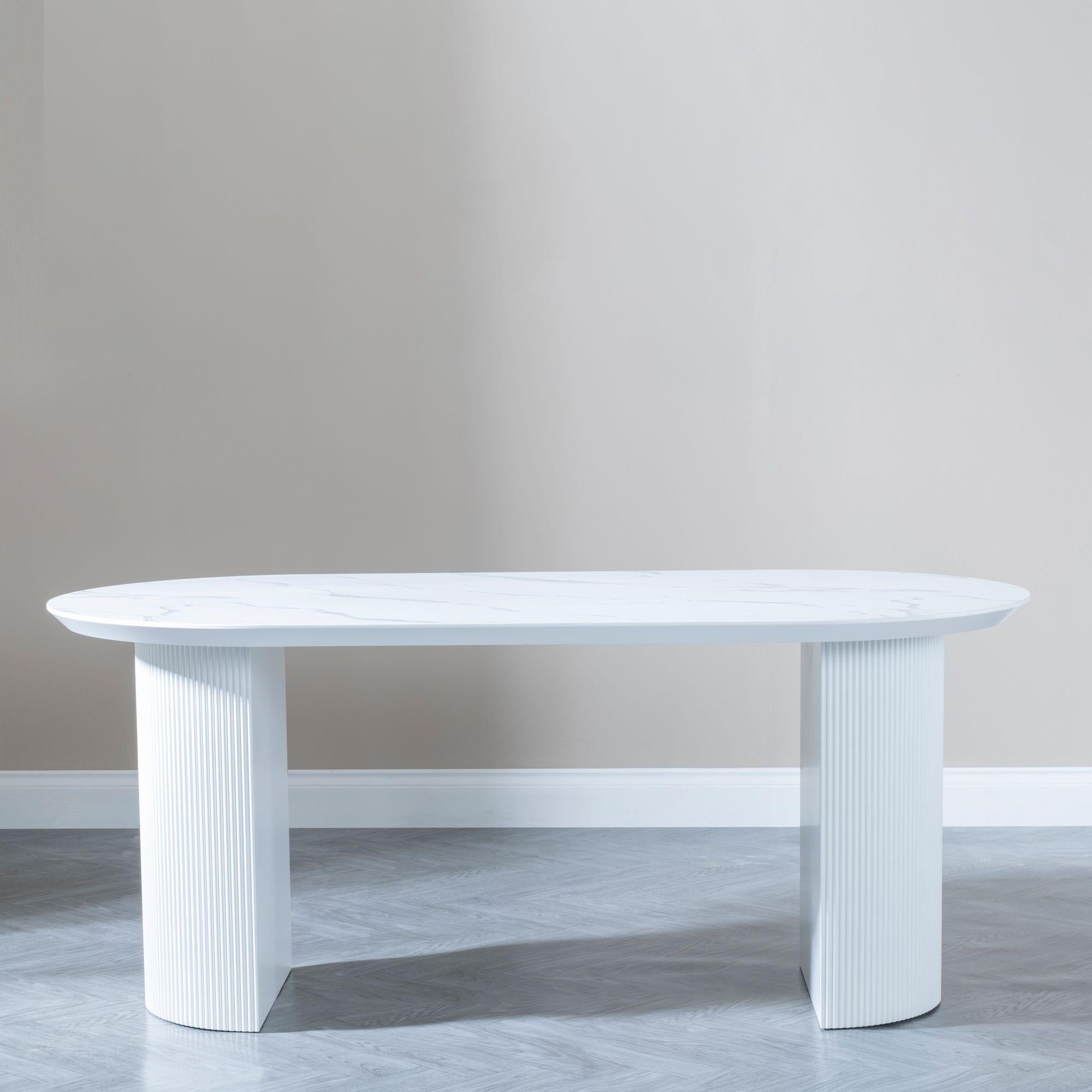 Mondrian 6 Seater White Melamine Top Oval Fluted Dining Table