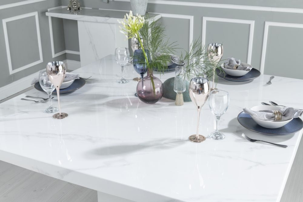 Olympia 140cm Square White Marble Dining Table - 6 Seater
