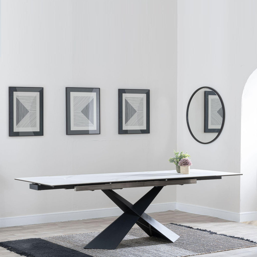 Odesa White Ceramic Extending Dining Table with Black Cross Base - 140cm - 200cm