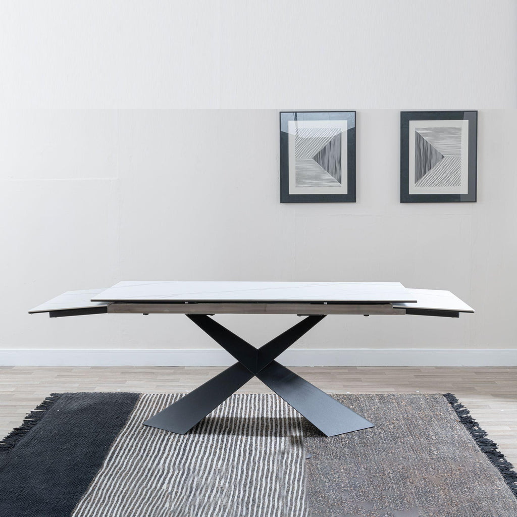 Odesa White Ceramic Extending Dining Table with Black Cross Base - 140cm - 200cm