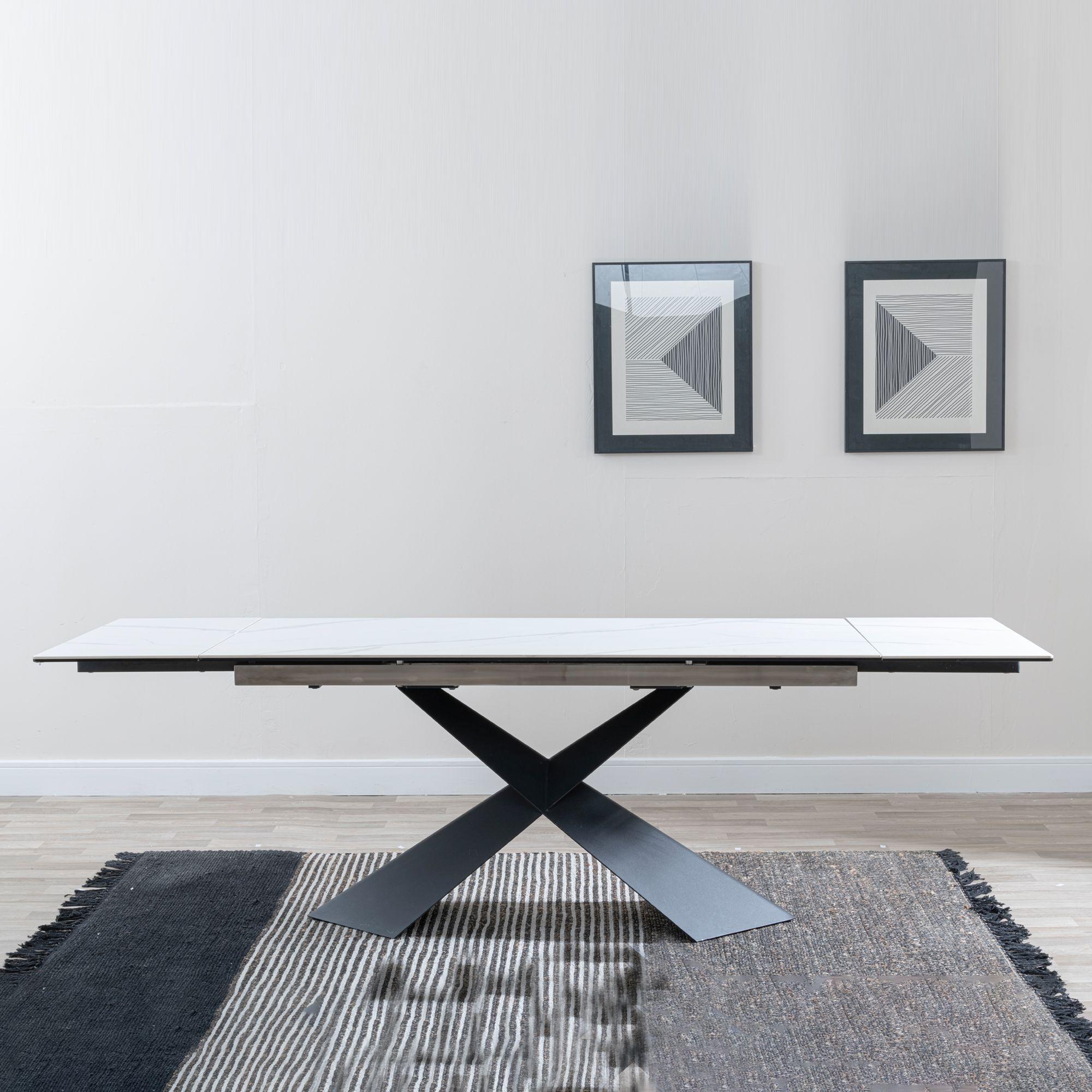 Odesa White Ceramic Extending Dining Table with Black Cross Base - 140cm - 200cm