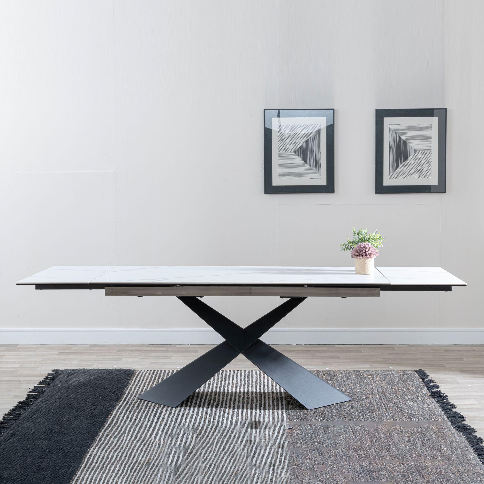 Odesa White Ceramic Extending Dining Table with Black Cross Base - 140cm - 200cm