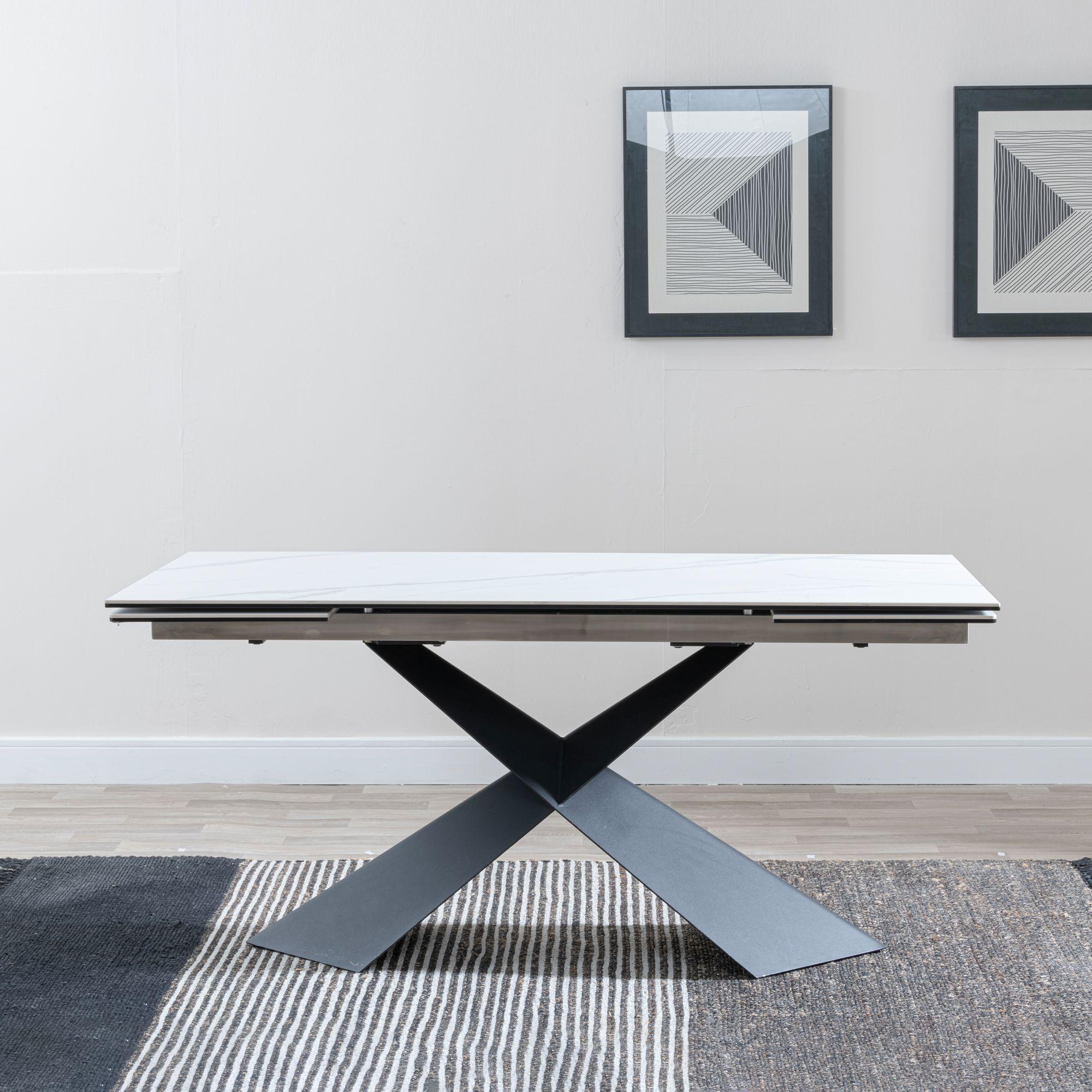 Odesa White Ceramic Extending Dining Table with Black Cross Base - 140cm - 200cm