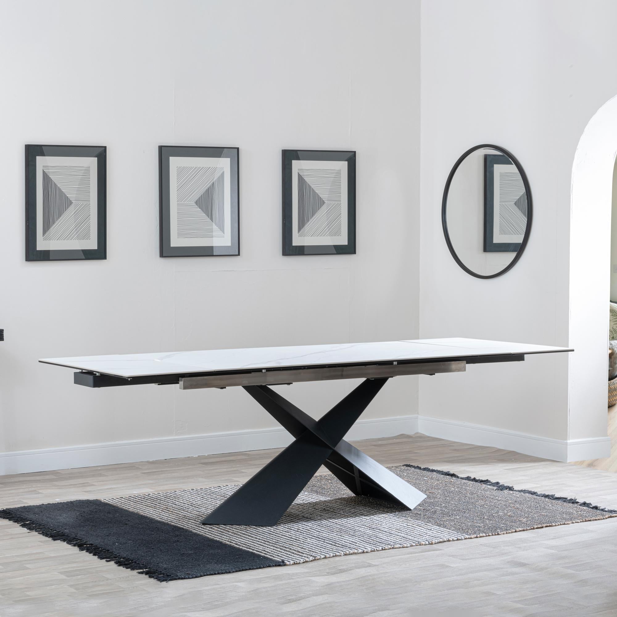 Odesa White Ceramic Extending Dining Table with Black Cross Base - 140cm - 200cm