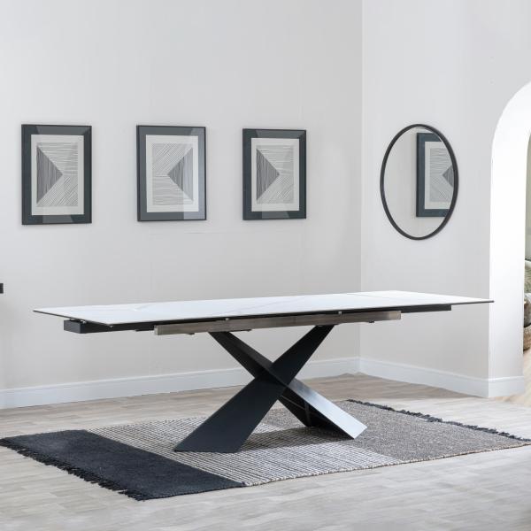 Odesa White Ceramic Extending Dining Table with Black Cross Base - 140cm - 200cm