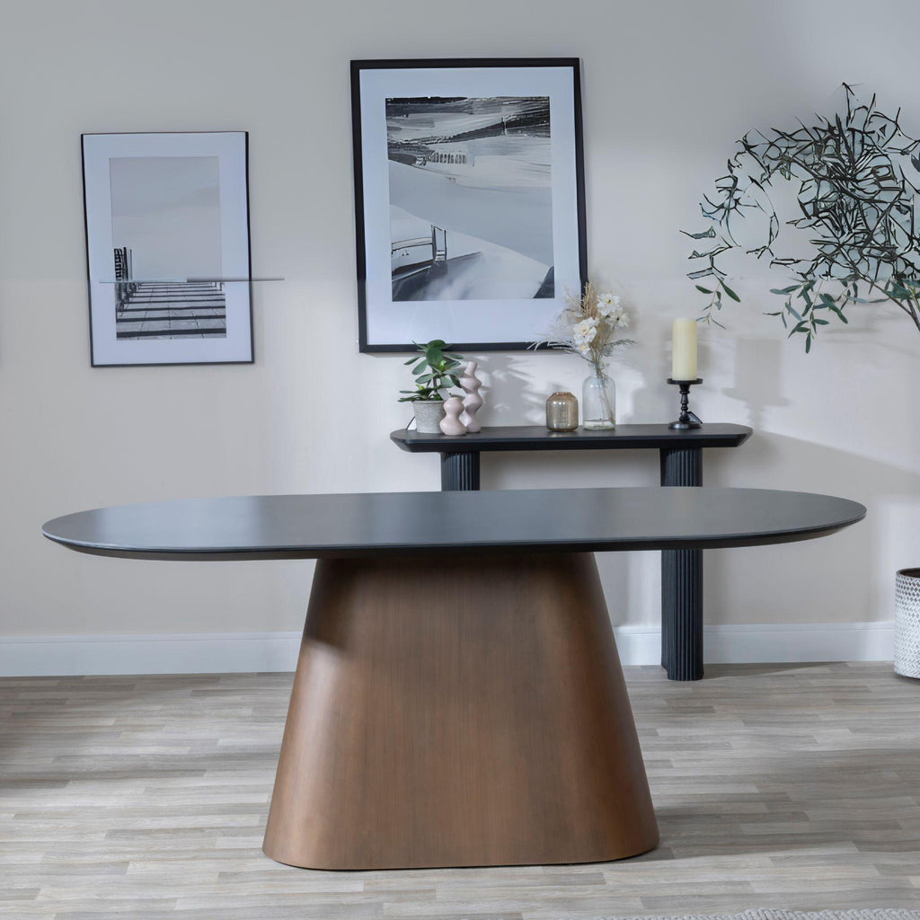 Perlo 180cm Dark Grey Ceramic Oval Dining Table With Bronze Pedestal Base