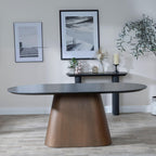 Perlo 180cm Dark Grey Ceramic Oval Dining Table With Bronze Pedestal Base