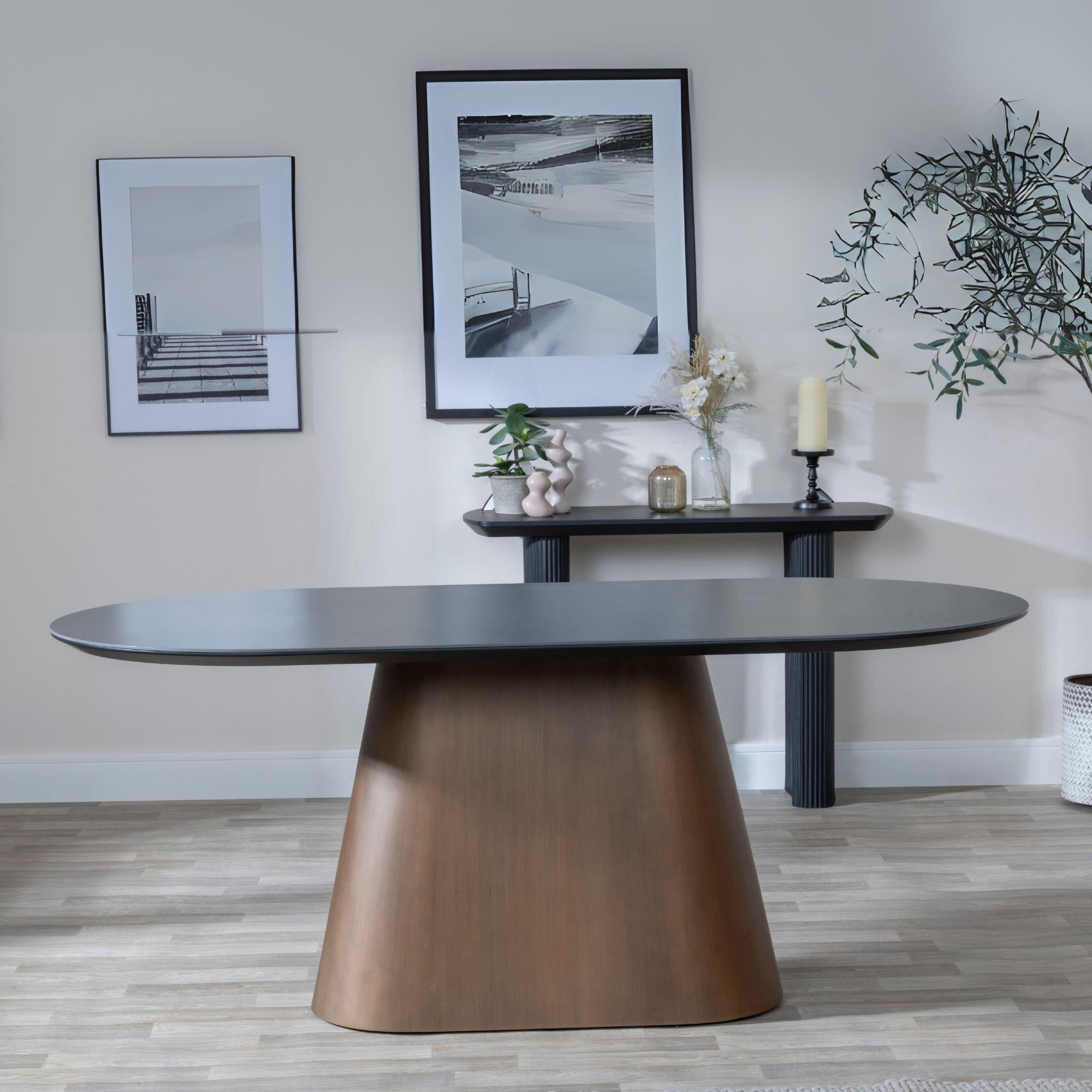 Perlo 180cm Dark Grey Ceramic Oval Dining Table With Bronze Pedestal Base