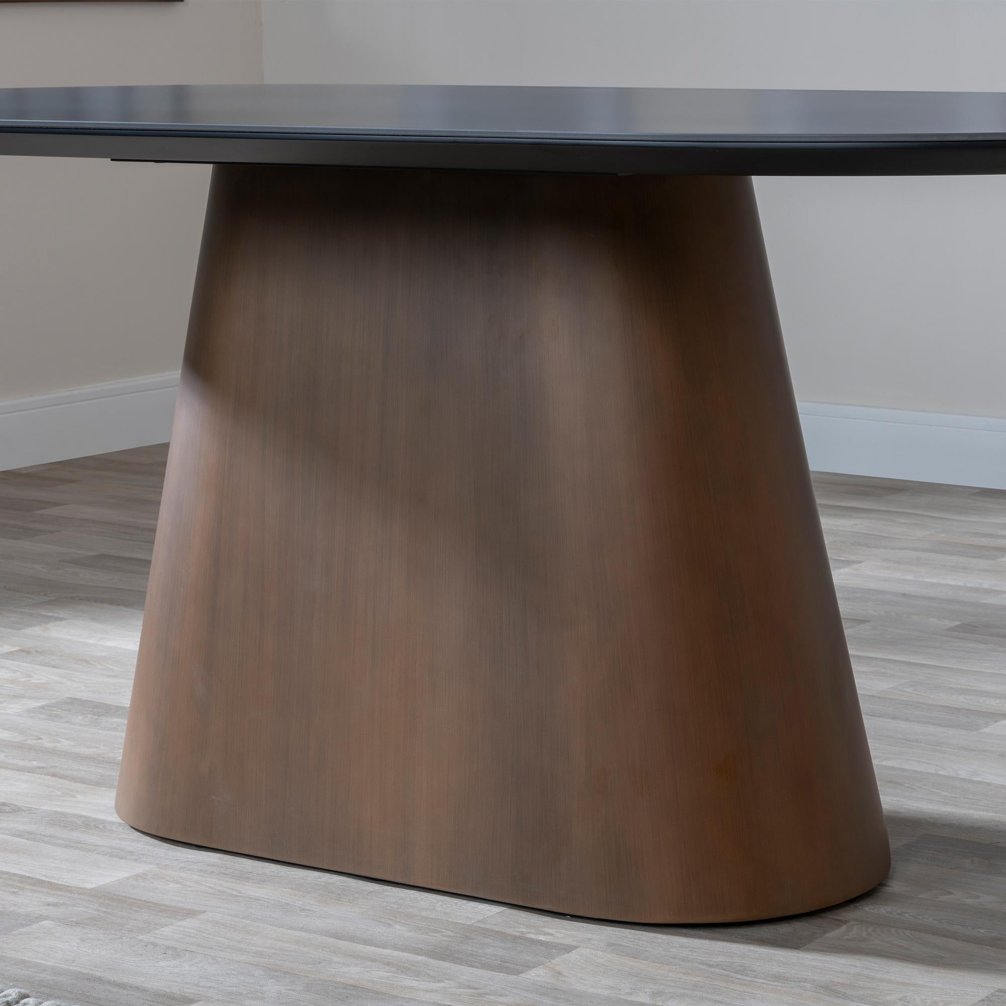Perlo 180cm Dark Grey Ceramic Oval Dining Table With Bronze Pedestal Base