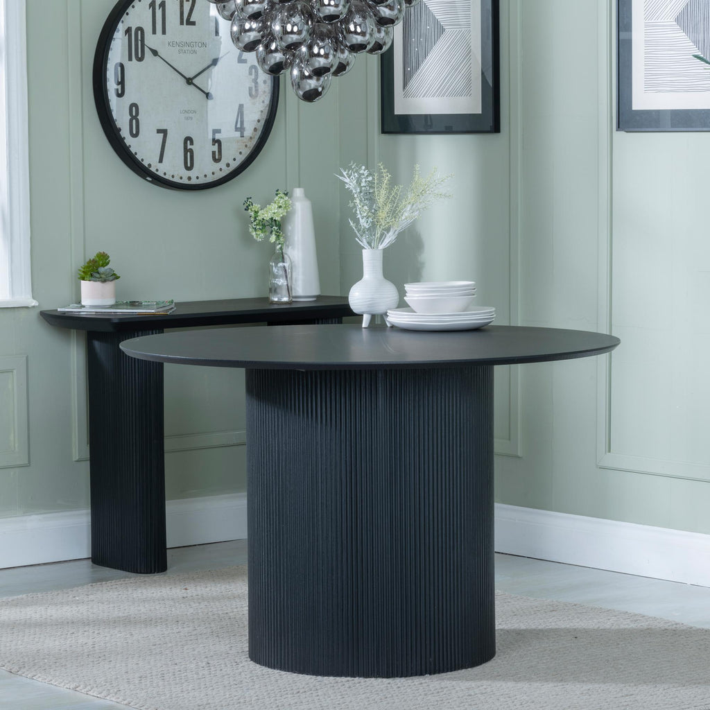 Renzo Black Round Dining Table with Fluted Ribbed Drum Base - 120cm