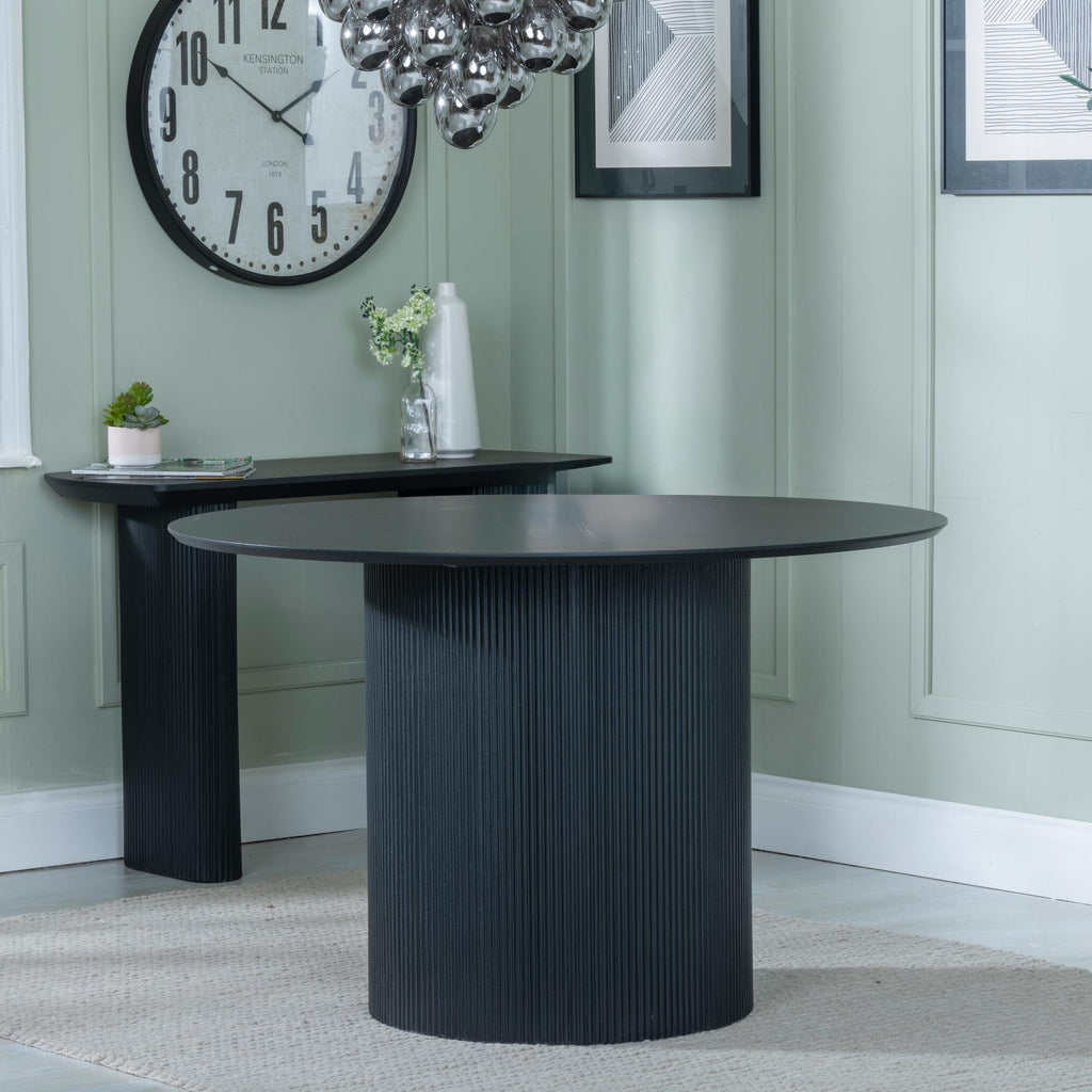 Renzo Black Round Dining Table with Fluted Ribbed Drum Base - 120cm