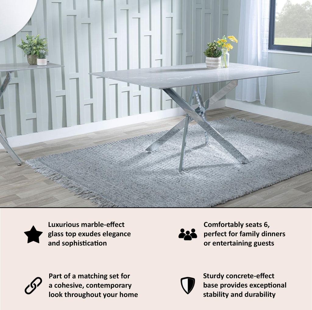 Sutton 150cm Grey and Chrome Dining Table - Glass Top with Concrete Effect