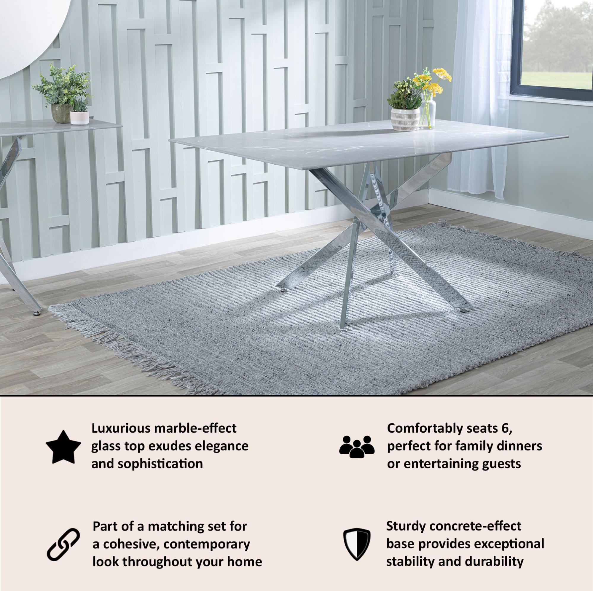 Sutton 150cm Grey and Chrome Dining Table - Glass Top with Concrete Effect