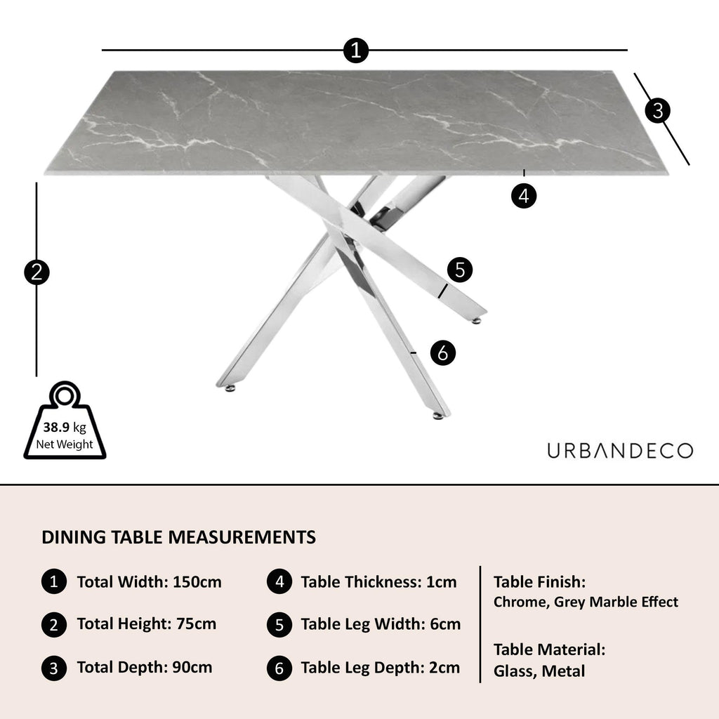 Sutton 150cm Grey and Chrome Dining Table - Glass Top with Concrete Effect