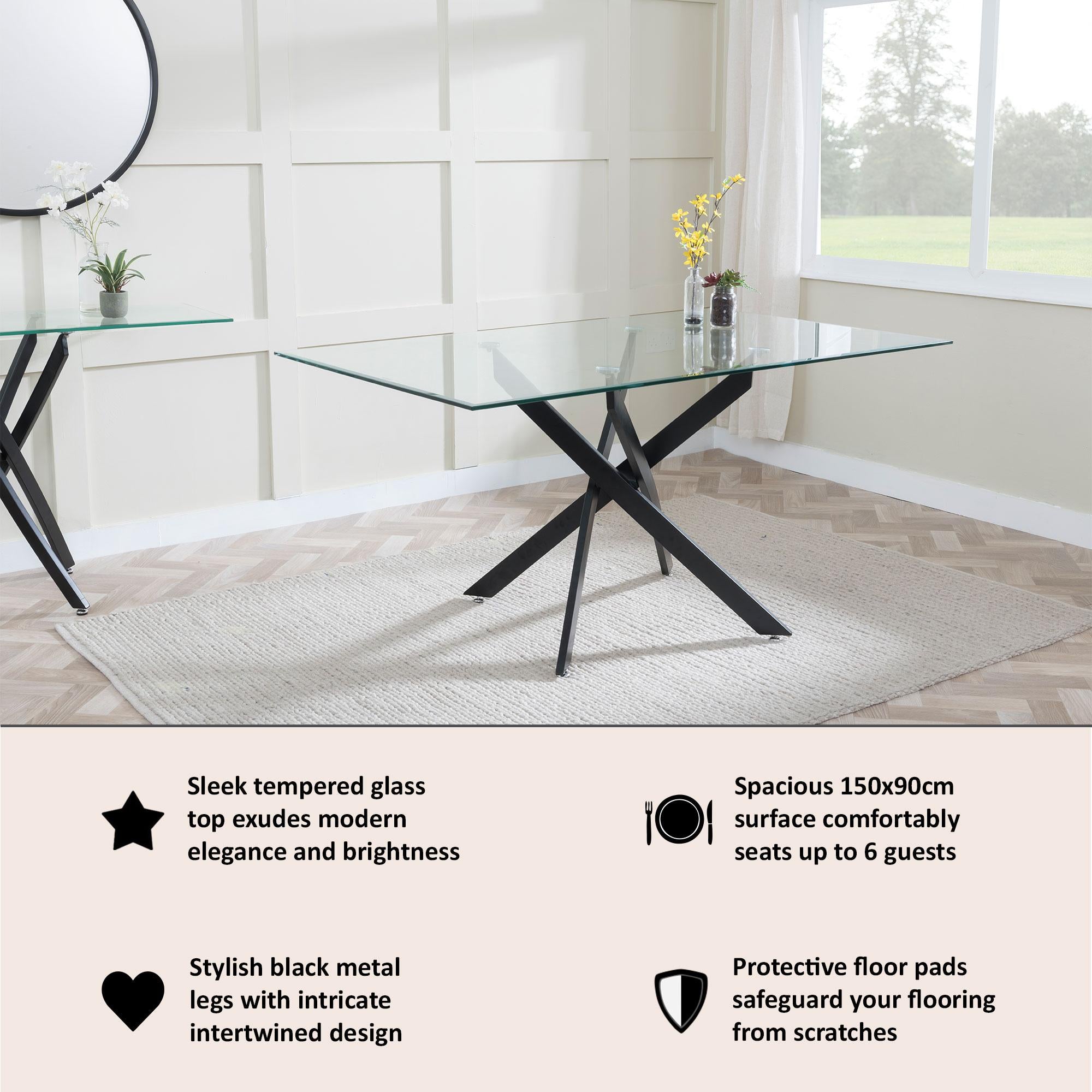Sutton 150cm Clear Glass and Black Dining Table - Tempered Top