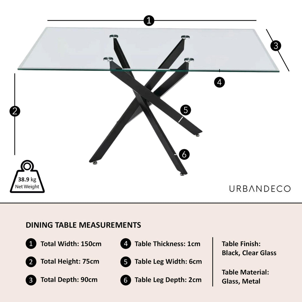 Sutton 150cm Clear Glass and Black Dining Table - Tempered Top