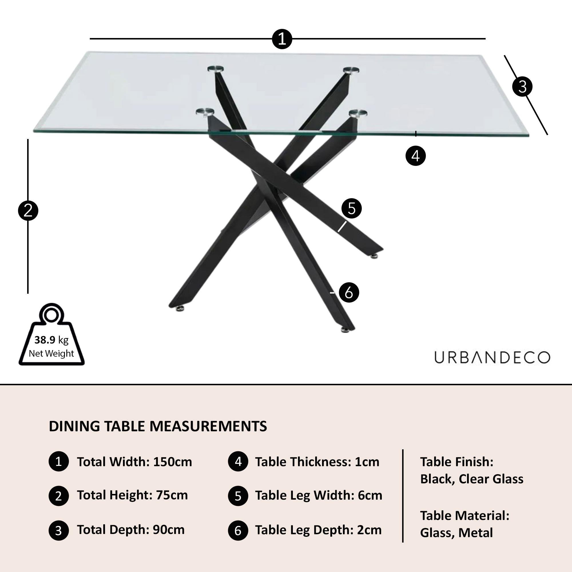 Sutton 150cm Clear Glass and Black Dining Table - Tempered Top