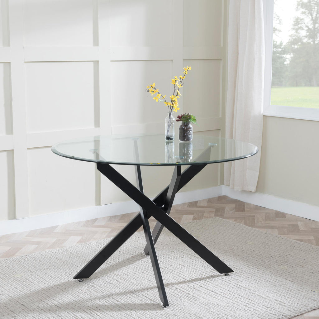 Sutton 110cm Clear Glass and Black Round Dining Table - Tempered Top