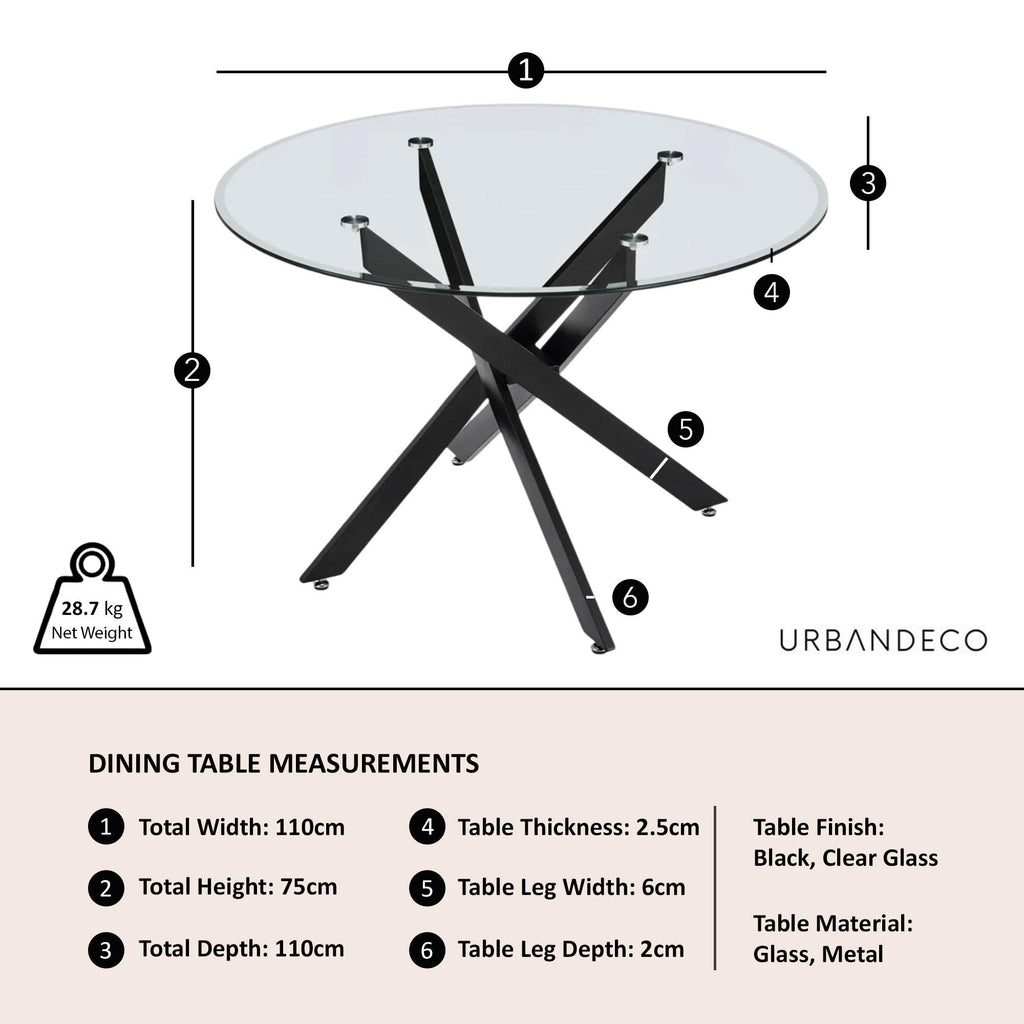 Sutton 110cm Clear Glass and Black Round Dining Table - Tempered Top