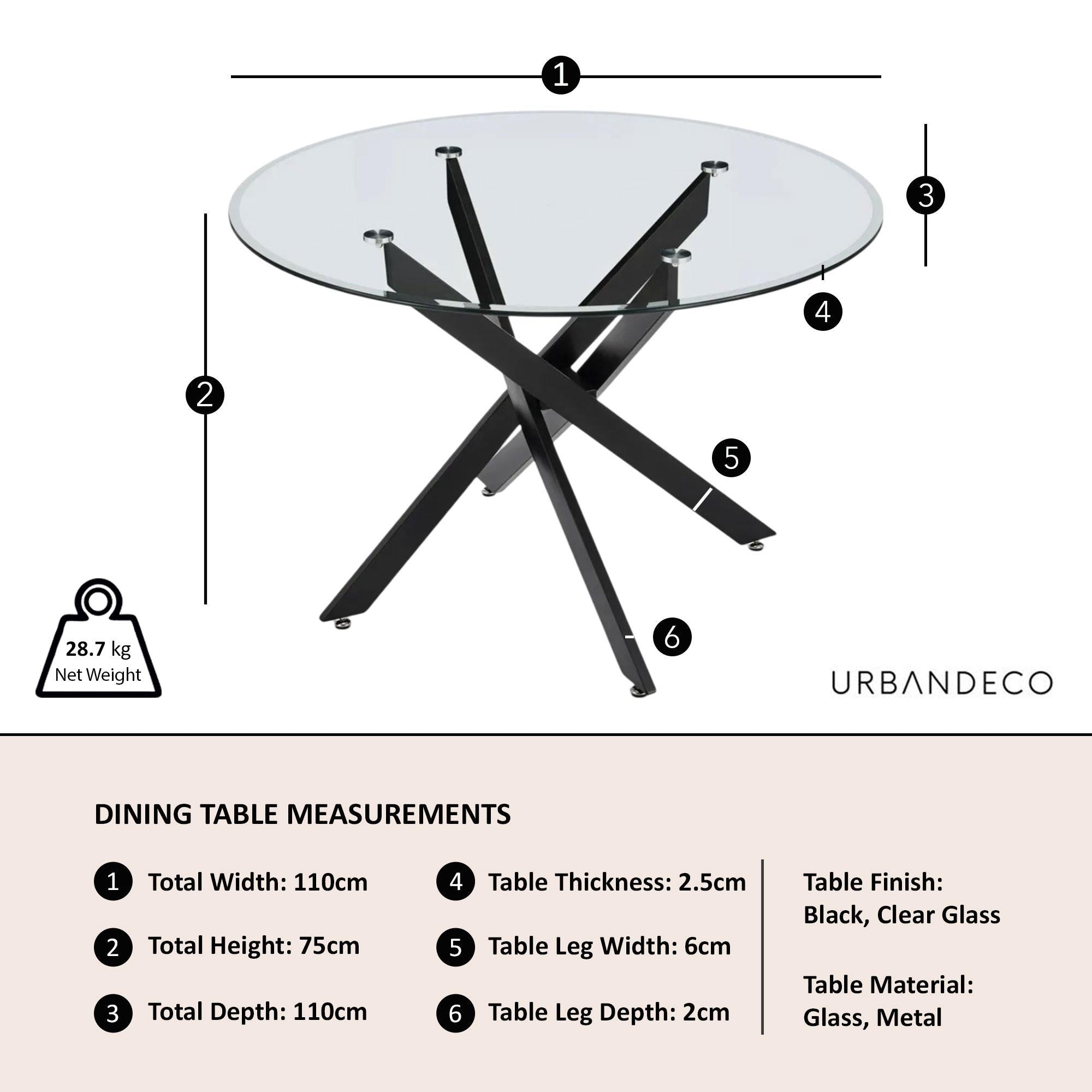 Sutton 110cm Clear Glass and Black Round Dining Table - Tempered Top