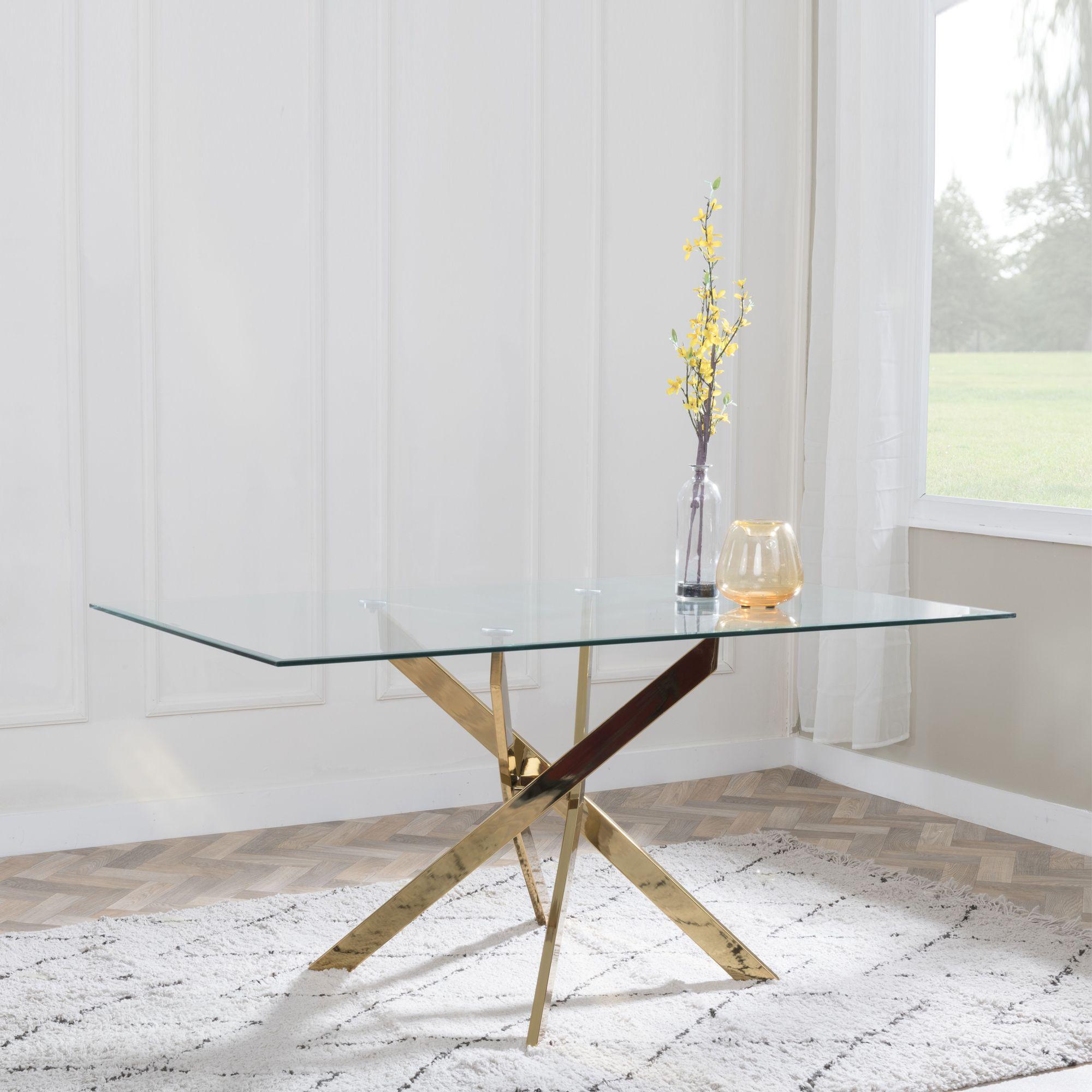 Sutton 150cm Clear Glass and Gold Round Dining Table - Tempered Top