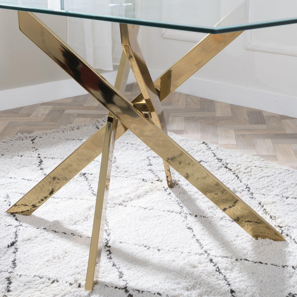 Sutton 150cm Clear Glass and Gold Round Dining Table - Tempered Top