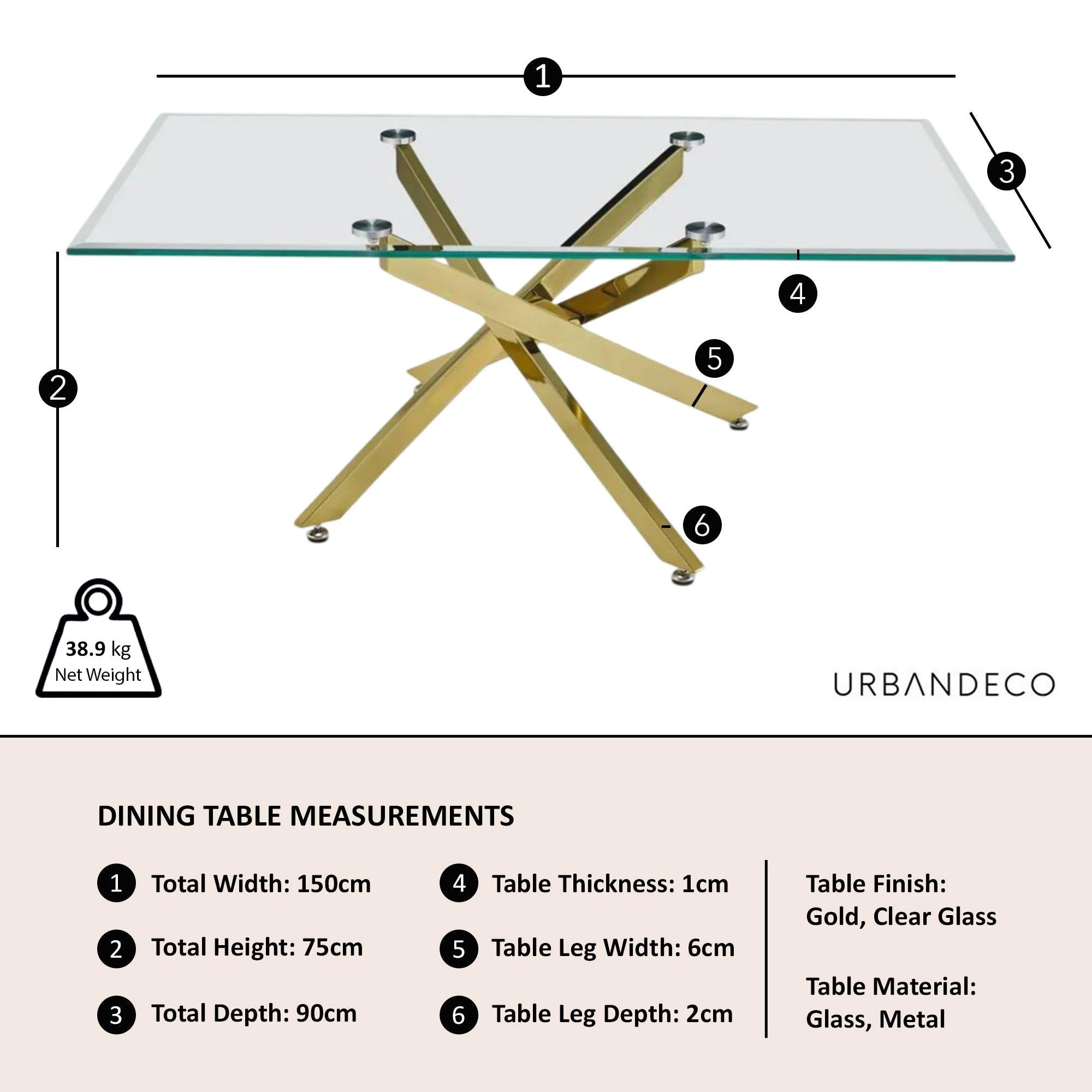 Sutton 150cm Clear Glass and Gold Round Dining Table - Tempered Top