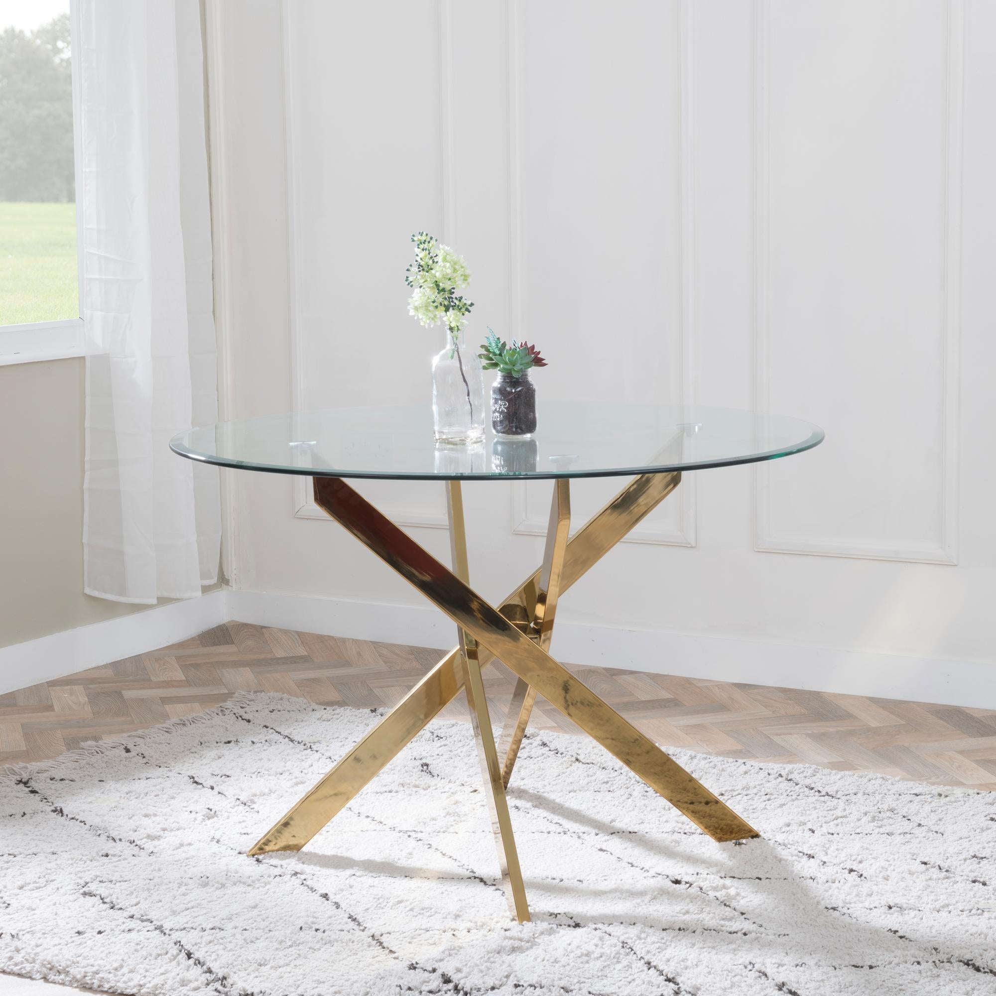 Sutton 110cm Clear Glass and Gold Dining Table - Tempered Top