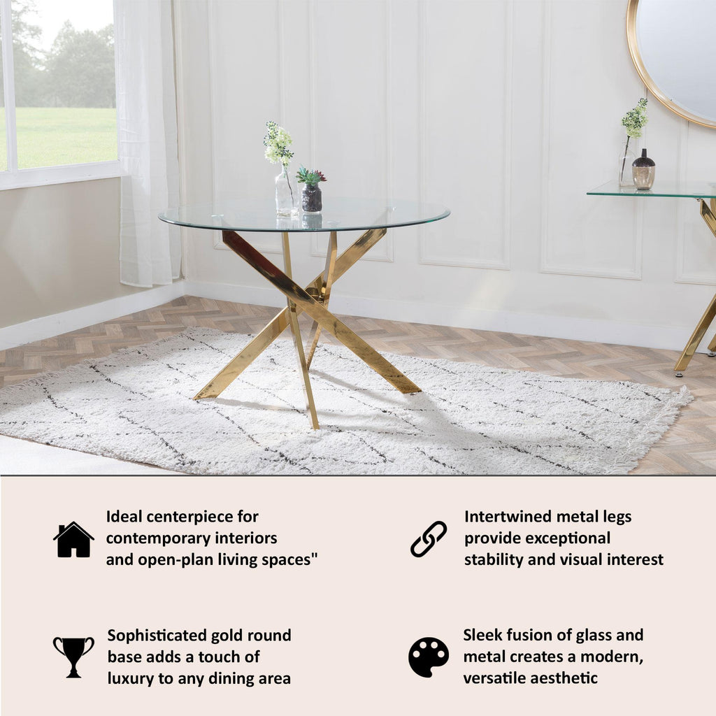 Sutton 110cm Clear Glass and Gold Dining Table - Tempered Top