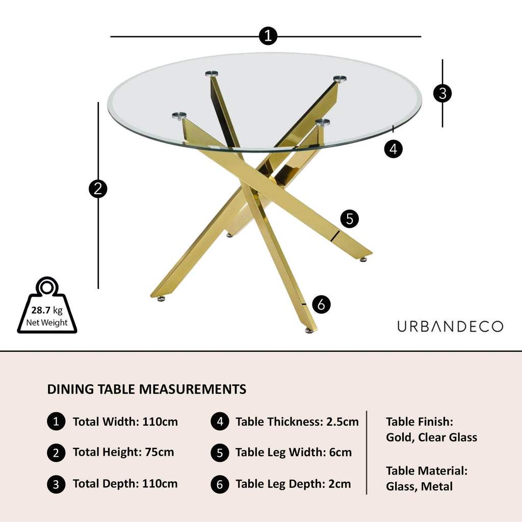 Sutton 110cm Clear Glass and Gold Dining Table - Tempered Top