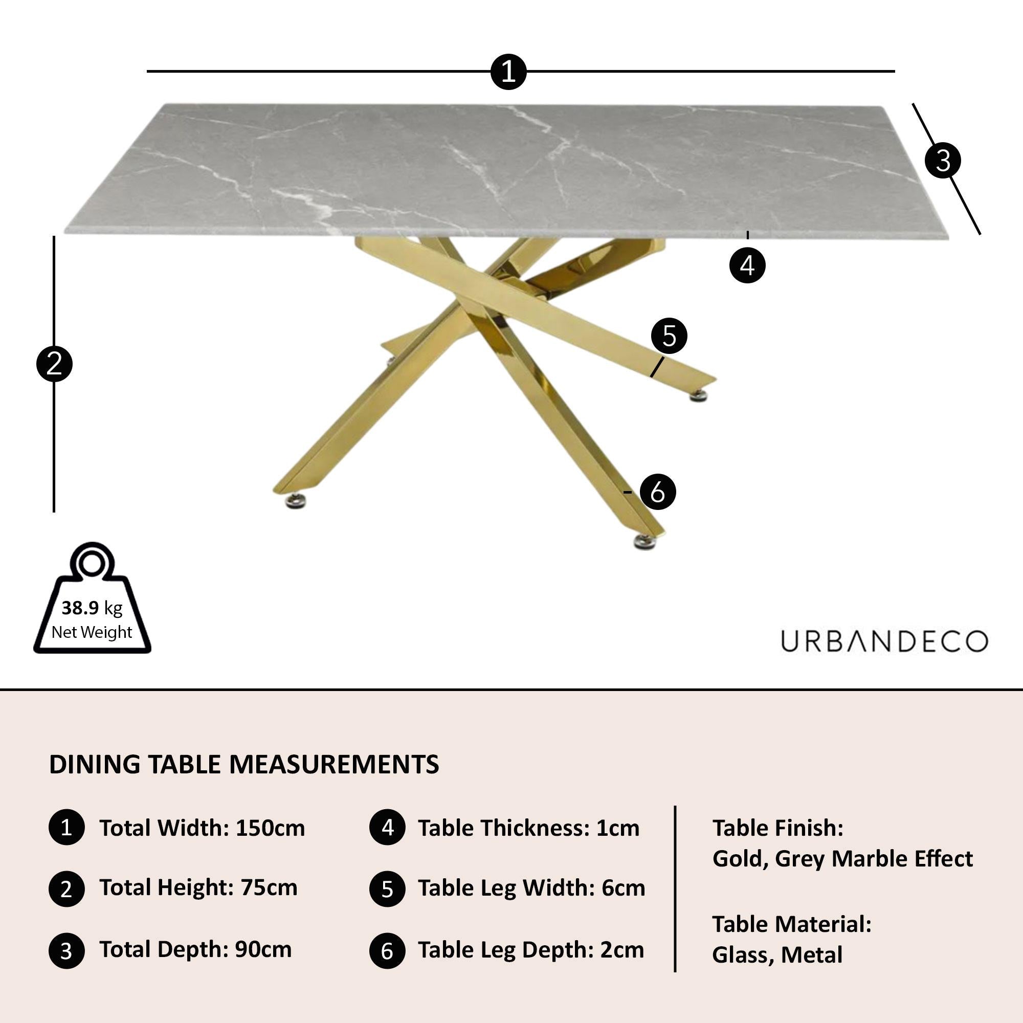 Sutton 150cm Grey and Gold Dining Table - Glass Top with Concrete Effect